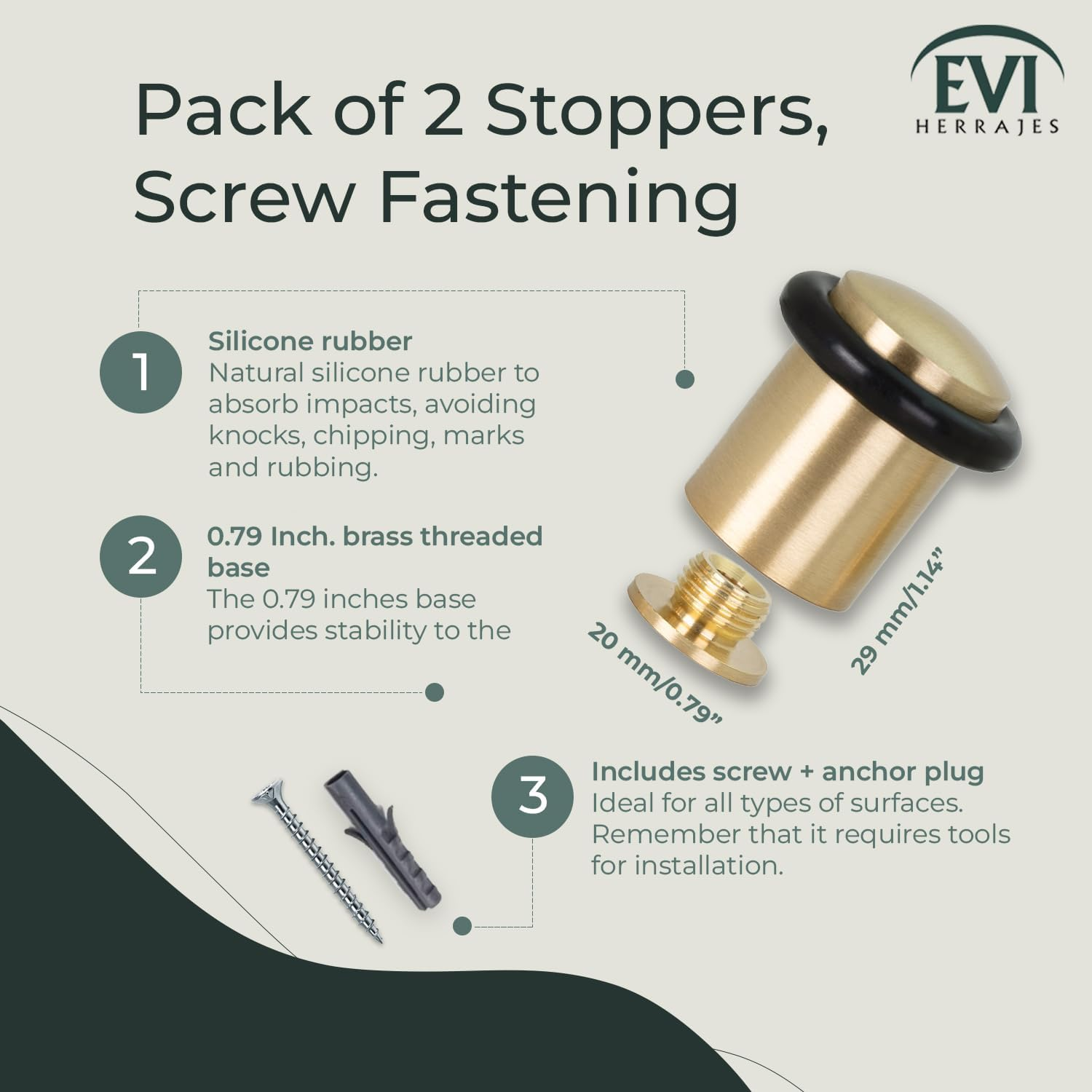 EVI | Pack of 2 Door Stops | 20X29.5Mm | Threaded Base | Black Natural Silicone Rubber | Satin Matte Finished Brass | Includes Tools | Model I-108