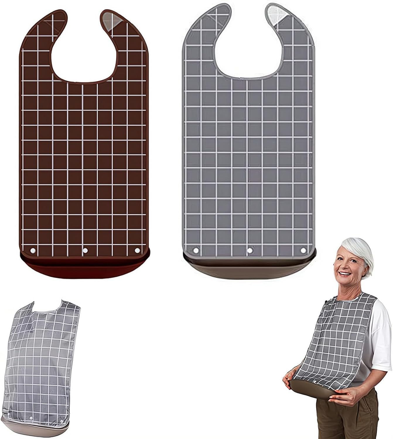 2Pcs Adult Bibs Waterproof and Reusable Clothing Protectors with Detachable Crumb Catcher for Men Women Elderly Senior (Coffee and Gray) image number 1