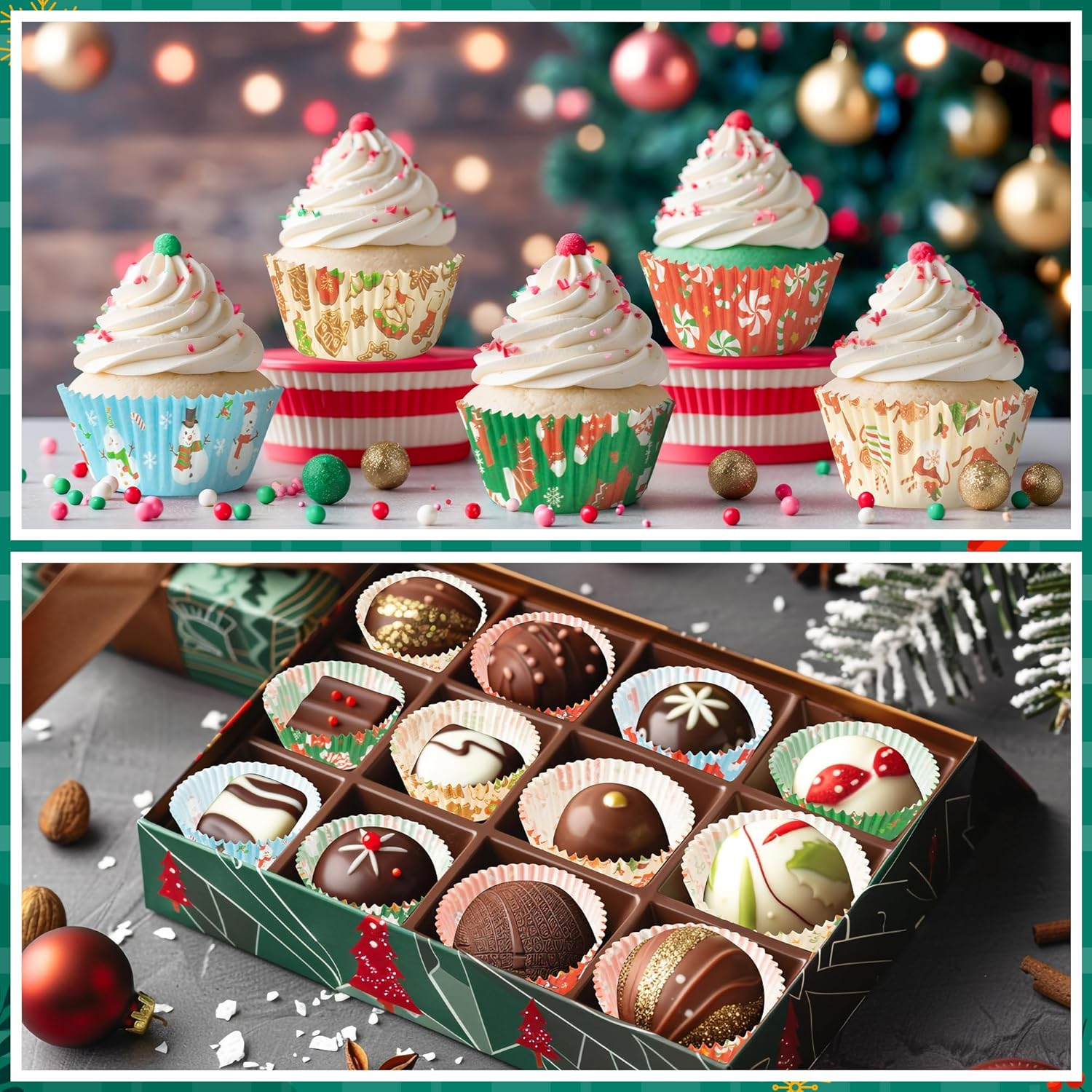 Christmas Mini Cupcake Liners - 600Pcs Merry Christmas Candy Baking Cups Muffin Cupcake Wrappers, Xmas Tree Santa Claus Snowman Chocolate Cake Wrap Making Supplies for Xmas Eve Party(10 Styles) image number 1
