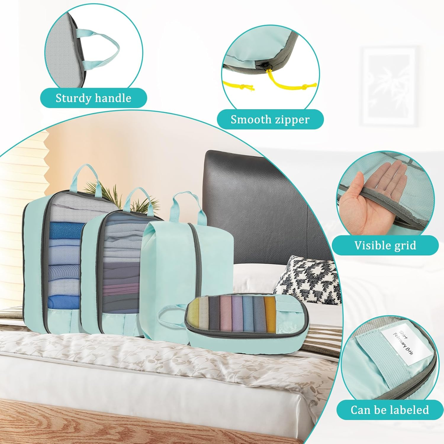 4Pcs Travelling Storage Bag Set,Compression Packing Cubes with Handle,Lightweight Luggage Organizers,Machine Washable image number 6