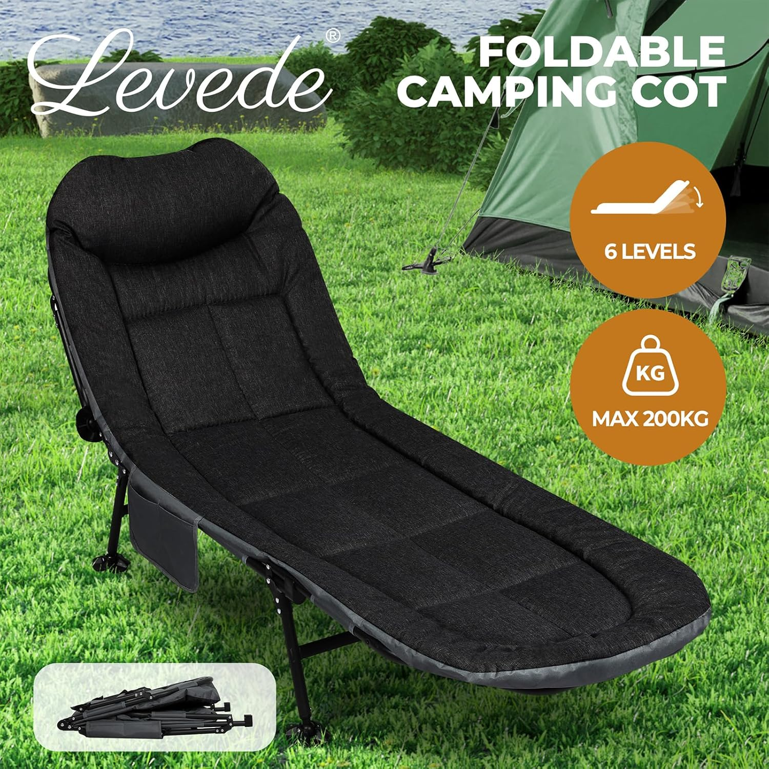 Levede Folding Camping Cot for Adults W/Cushion and Pillow, Camping Loungers Outdoor Portable Sleeping Camping Bed, 6-Position Adjustable Backrest,Lightweight Tent Cot, for Home,Beach,Patio(Black) image number 6