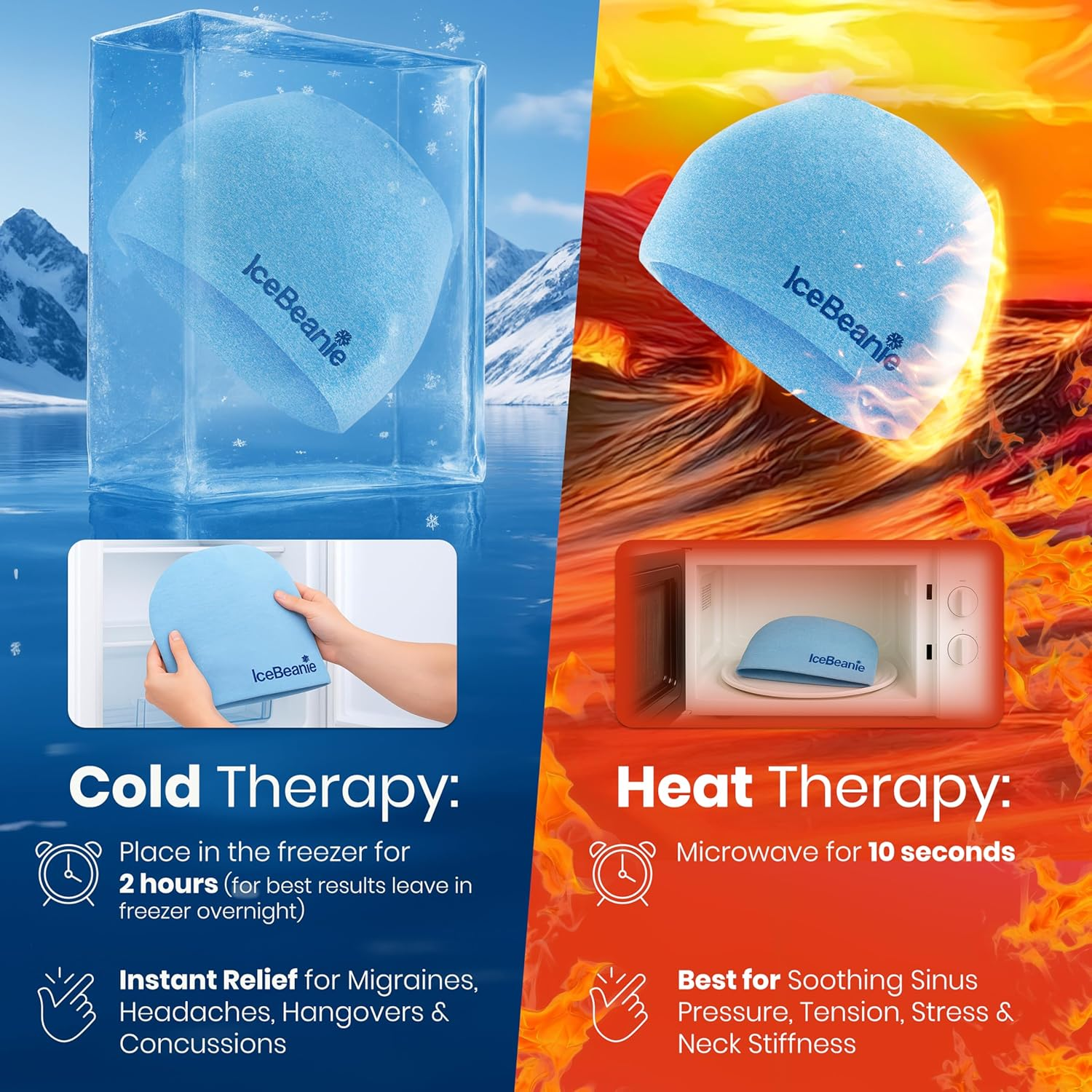 Ice Beanie Natural Migraine Relief - Eliminate Tension Headaches with This Acupressure Designed Cold Pack Hat - Enjoy Soothing Compression to Relieve Pain Associated with Overexertion, Aches & Fever