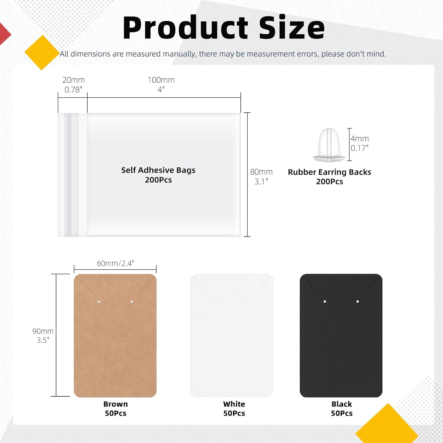 Hilitchi 550Pcs Square Earring Kit - 150Pcs 3.5"X2.4" Necklace Display Cards, 200Pcs Earring Backs, 200Pcs Self-Sealing Bags (Black/White/Brown) - White image number 7