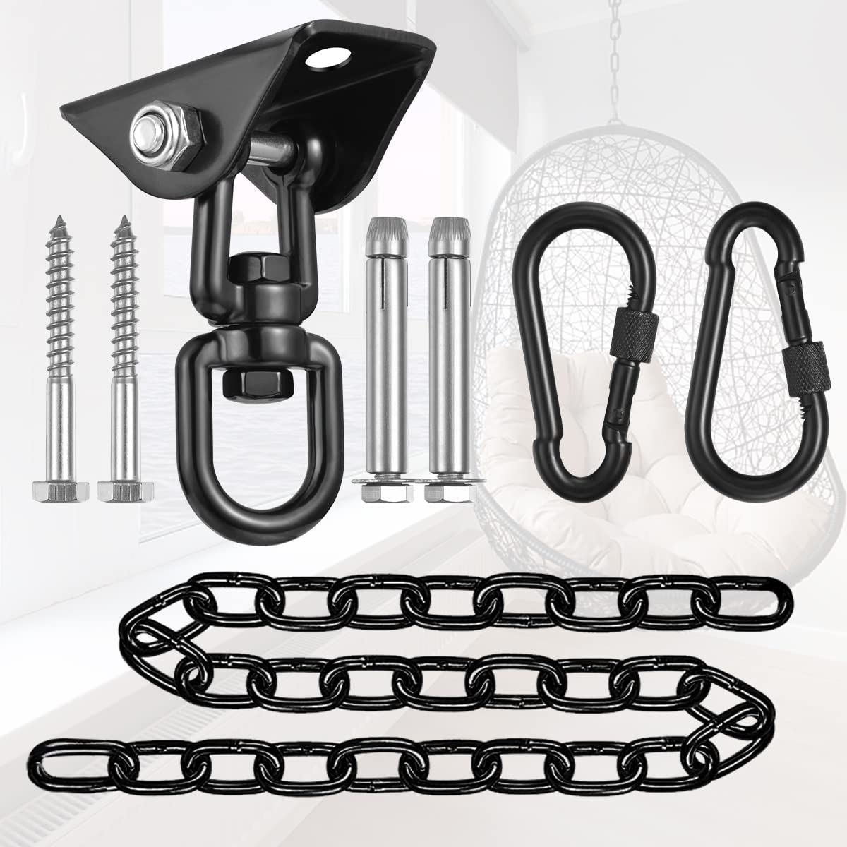 Hammock Hanging Kit,360&deg;Rotating 1200 Lb Capacity Heavy Duty,Hanger & Swing Hook Snap for Concrete Wood,Hammock,Veranda Seat,Chair,Swing Sets,Yoga and Gym（Without Chain ）