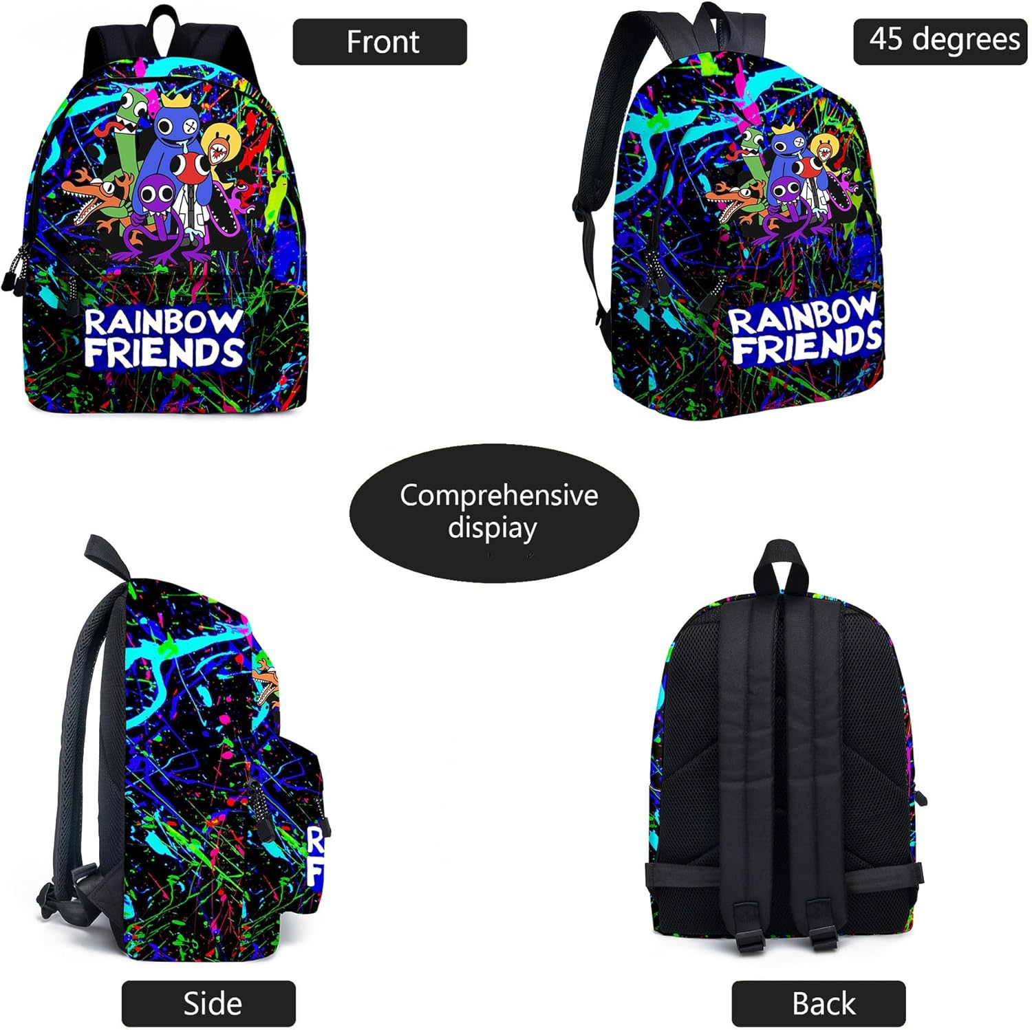 2Pcs Anime Game Rainbow Backpack with Friends Keychain,16In 3D Printed Cartoon Laptop Bag Casual Daypack Travel Backpacks. - A image number 3