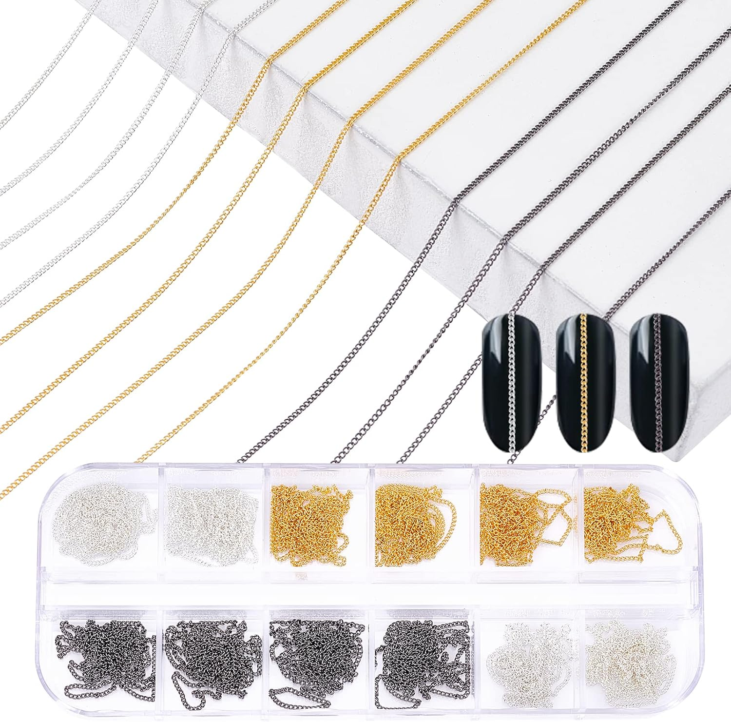 NICENEEDED Metal Nail Art Chains - Jewelry Decorations with Box, 3D Gold, Silver & Black Ornaments, Studs for Manicure & DIY image number 6