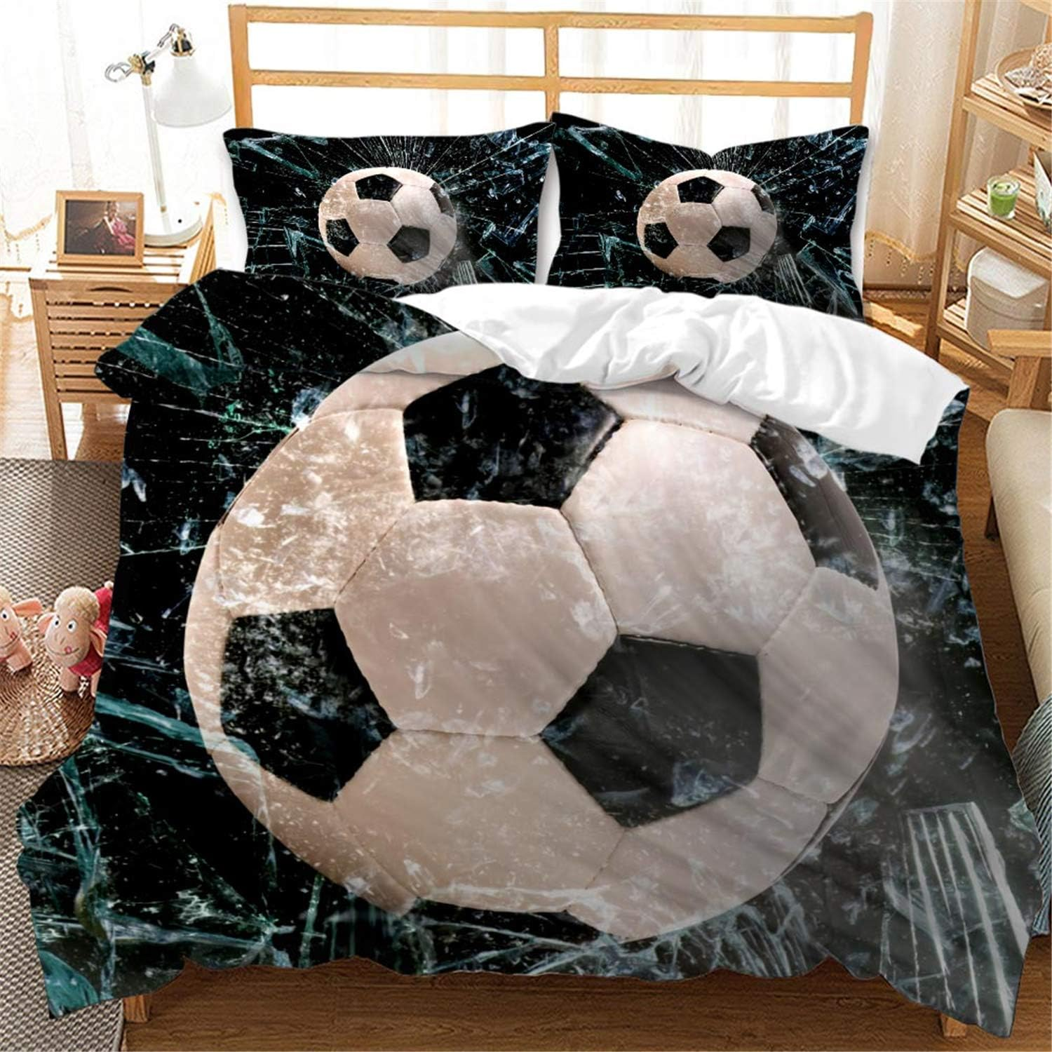 Eveone Football Duvet Cover Quilt Cover Single/Double/Queen/King Size Bed Sheets Pillowcase Set Sports World Cup Soccer Cuju Ball Games Microfiber Quilt Cover Bedding 2/3/4PCS (Queen-210*210Cm-4Pcs,9)