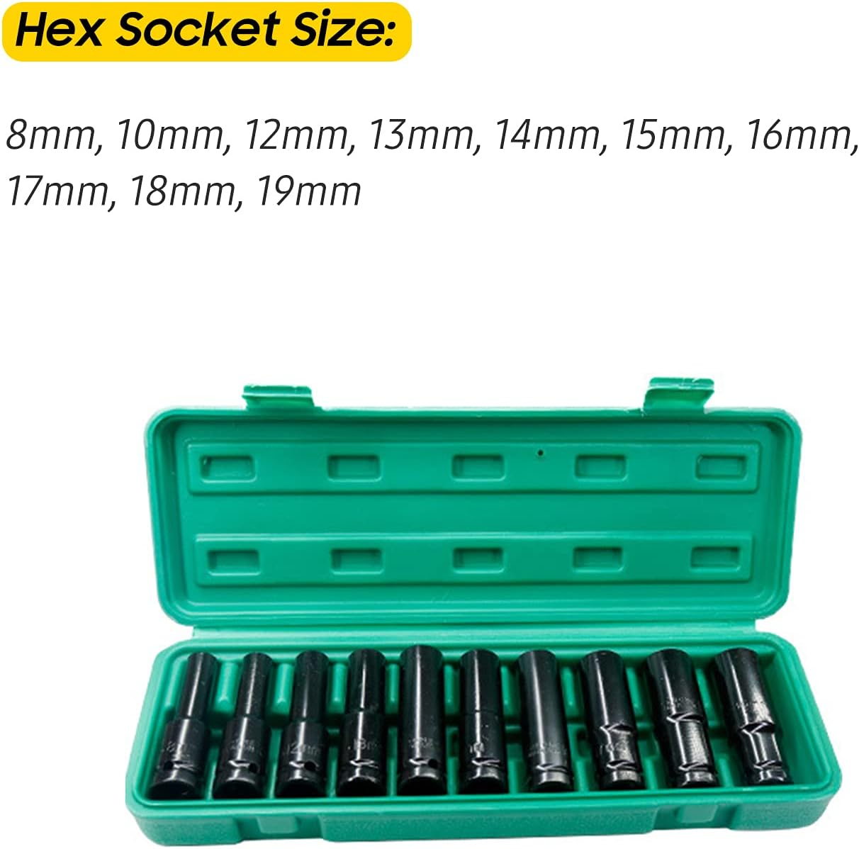 Yasao 1/2Inch Drive Hex Impact Socket Set 10-Piece Deep Socket Metric Sizes 8-19Mm Carbon Steel with Storage Box image number 5