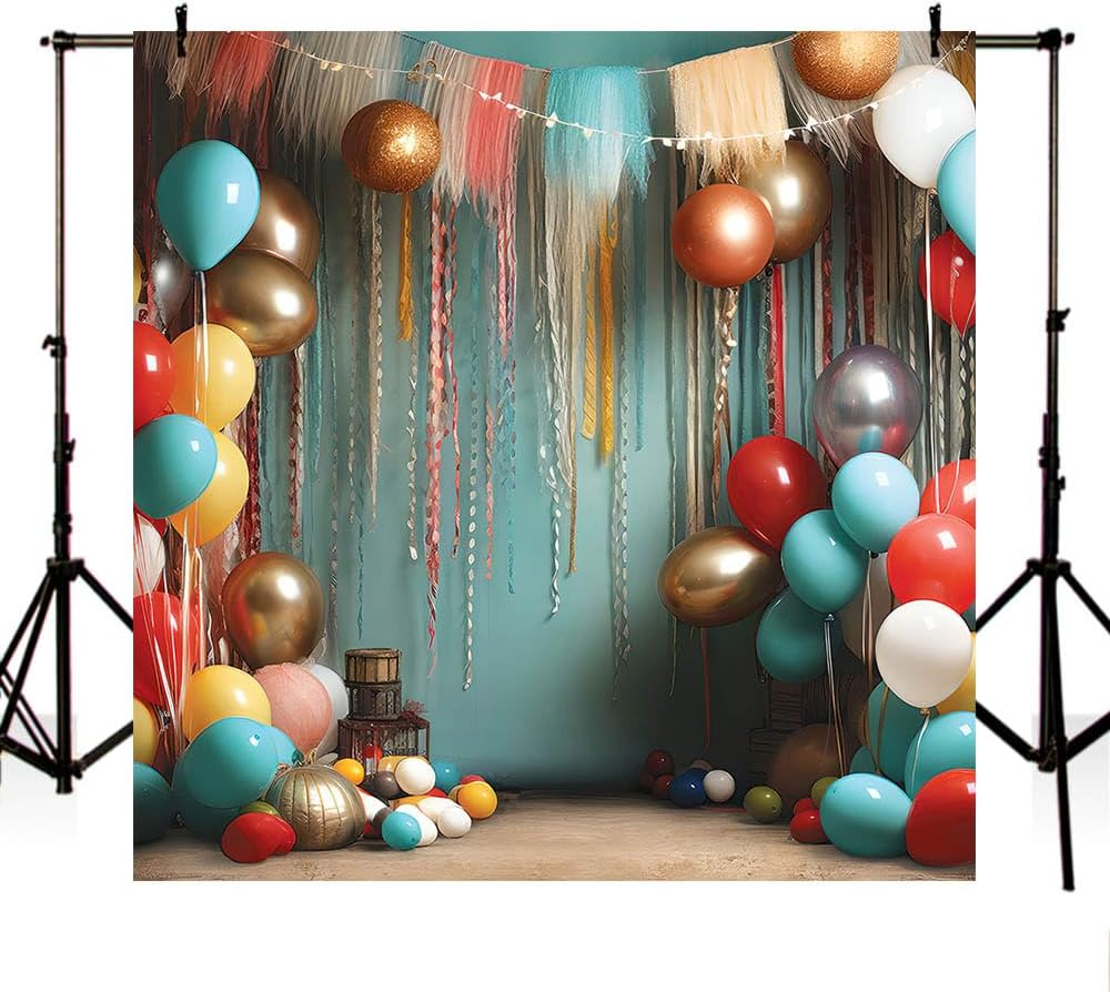 MEHOFOND Girls Birthday Photo Backdrop 8X8Ft Glitter Curtain Mask Red Green Silver Balloon Ribbon Backdrop Theme Party Cake Smash Portrait Decor Backdrop Photo Studio