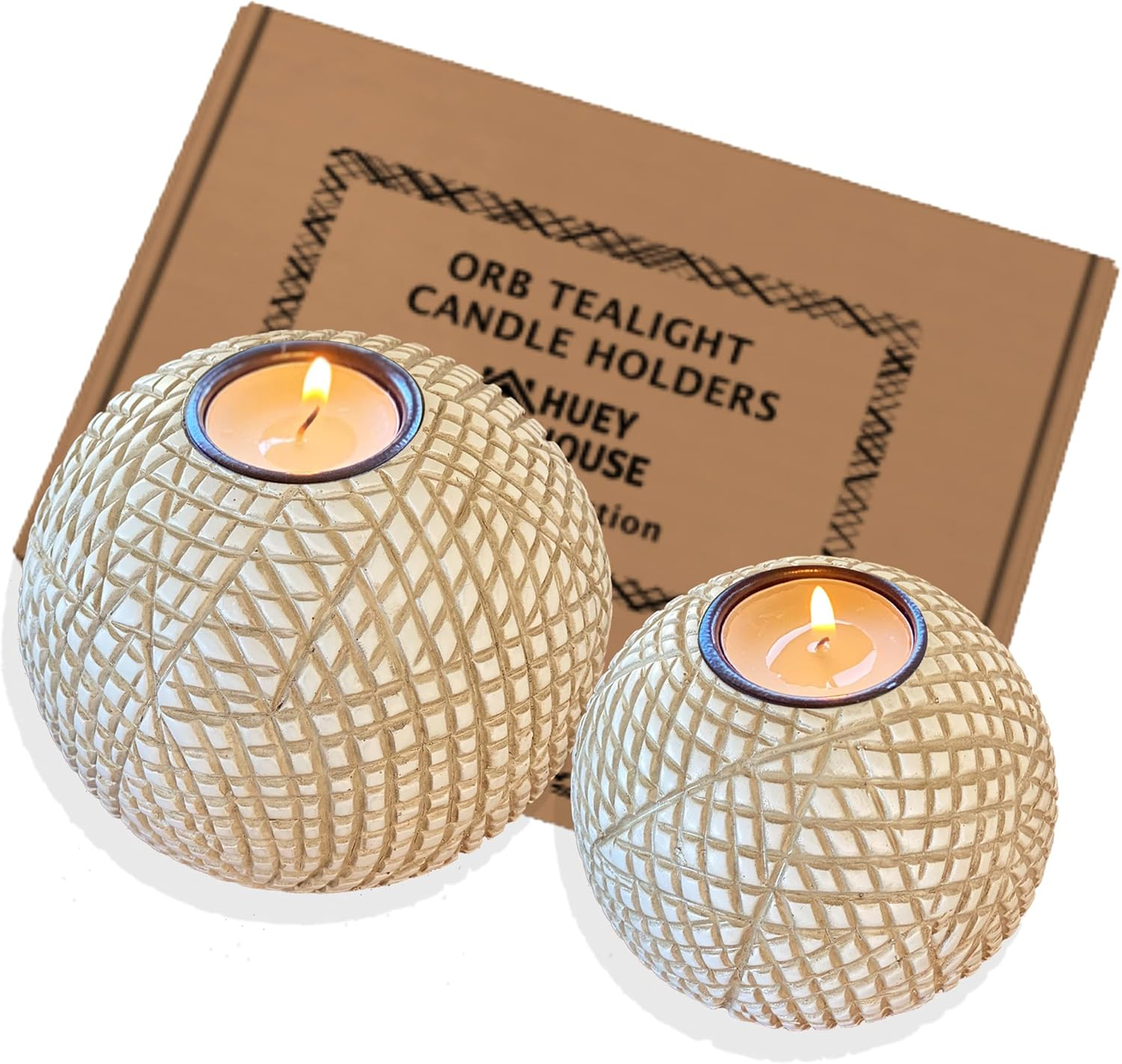 Huey House Luca Orb Candle Holders (Gift Boxed Set of 2), Table Centerpieces for Dining or Living Room, Spa, Bathroom, Kitchen Counter, Mantle or Coffee Table Decor (Grid Pattern) Beige and White