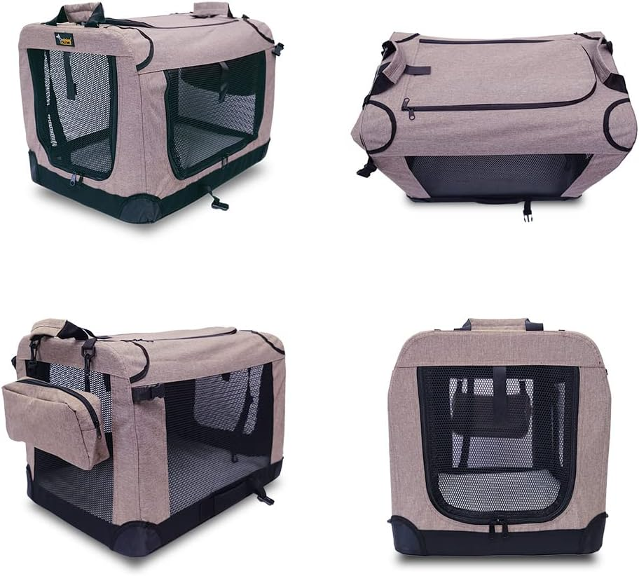 Ondoing Foldable Dog Crate, Portable Pet Outdoor Carrier, Car Travel Cage, Kennel with Mat, Transport Cage, Folding Dog Crate for Traveling, Multifunctional, Heavy Duty, Khaki, 50X34X34Cm