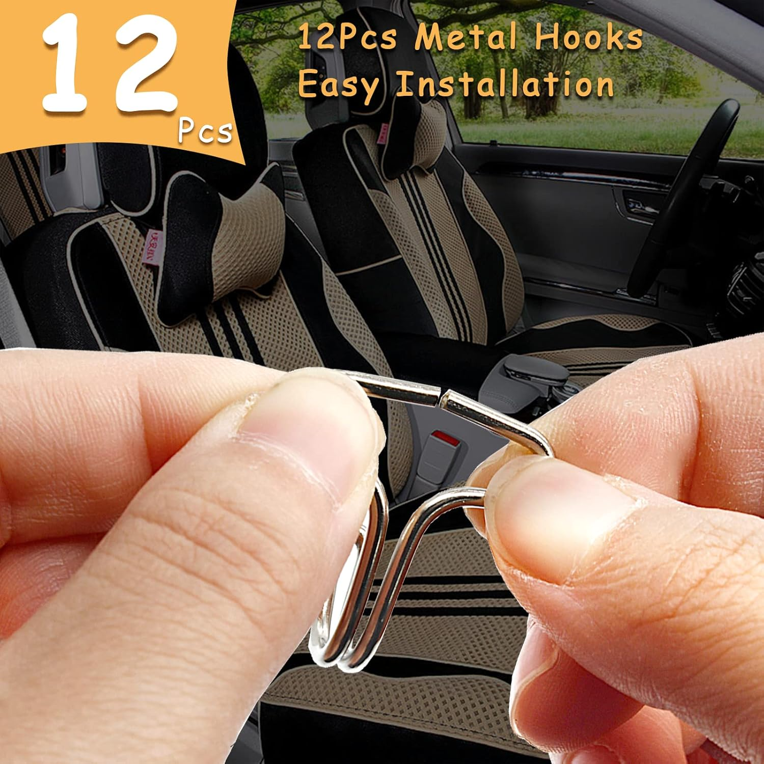 Moicstiy 24Pcs Car Seat Cover Plum Plate Metal Hooks, 12Pcs Plastic Car Seat Covers Chucks and 12Pcs Metal Hooks Set Locking Clip Plastic Card Fixed Fastener Buckle Replacement for Car Seat (Black)