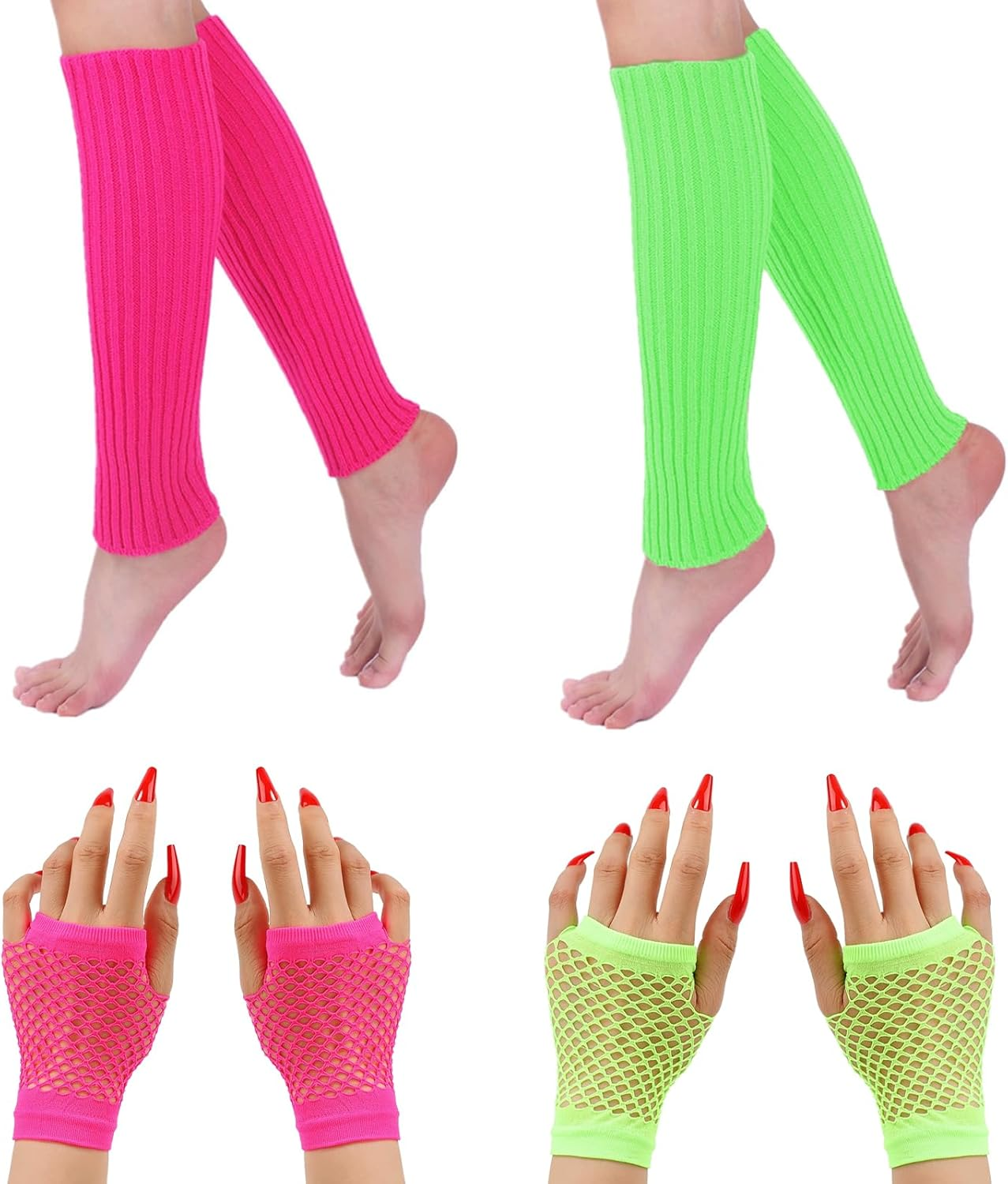 COWANIEE 2 Pairs Neon Leg Warmers+2 Pairs Fishnet Gloves 80S Fancy Dress Costume for Women and Girls (Rose Red, Fluorescent Green) image number 3