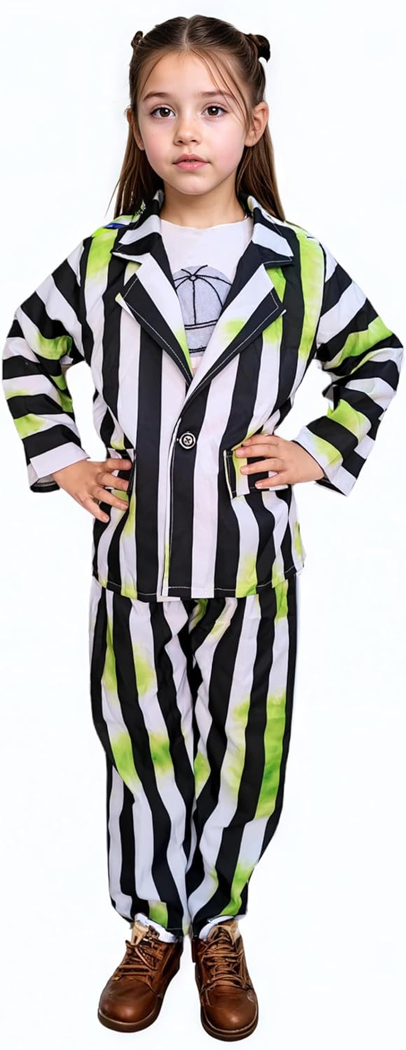 Beetlejuice Costume Kids Black and White Striped Suit Halloween Costumes Jacket Pants image number 2
