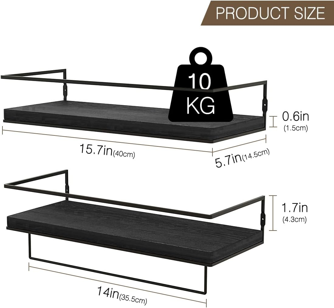 Delsol Floating Shelves for Wall, Wall Mounted Storage Shelves Set of 2 with Black Metal Frame, Towel Rack for Bathroom, Bedroom, Living Room, Kitchen, Office (Black) image number 6