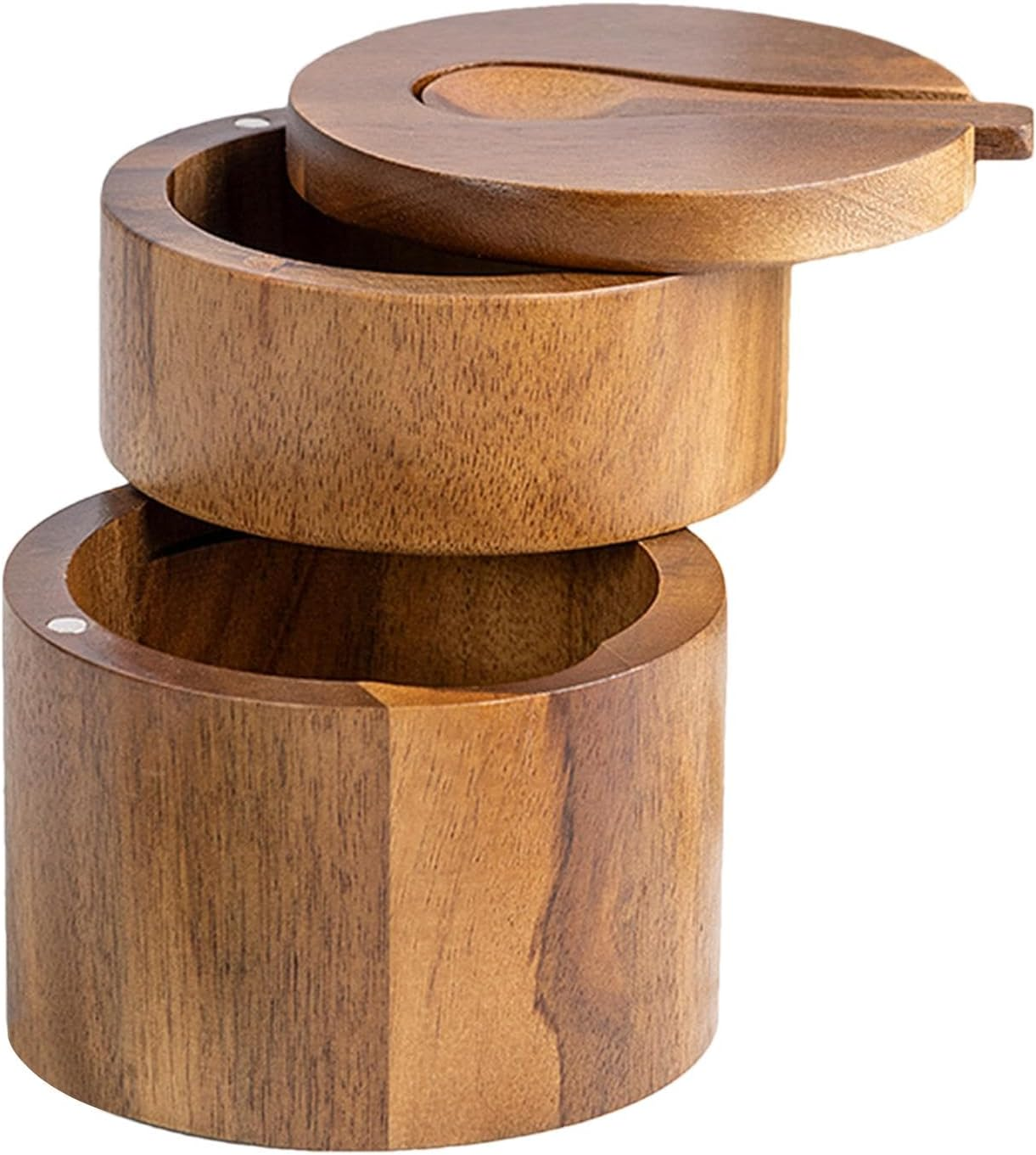 Salt Box Swivel Lid - Wood Storage Box with Magnetic Swivel Lid - round Salt Cellar Bowl, Salt Keeper, Double Layer Salt Pepper Box for Countertops Organizers