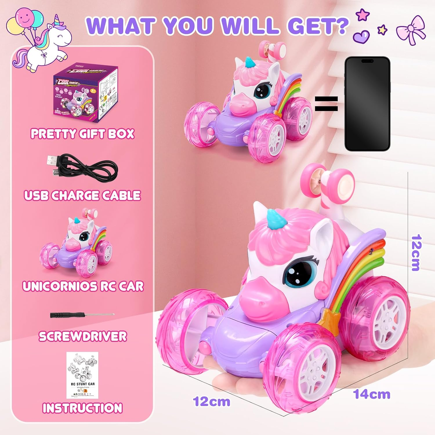 Unicorn Remote Control Car for Girls, Unicorn Toys 360&deg; Rotating 4WD Stunt RC Cars with Cute LED Lights，2.4Ghz Rechargeable RC Car Toy Birthday Gifts for Kids Girl Age 3 4-6 6-8 image number 1