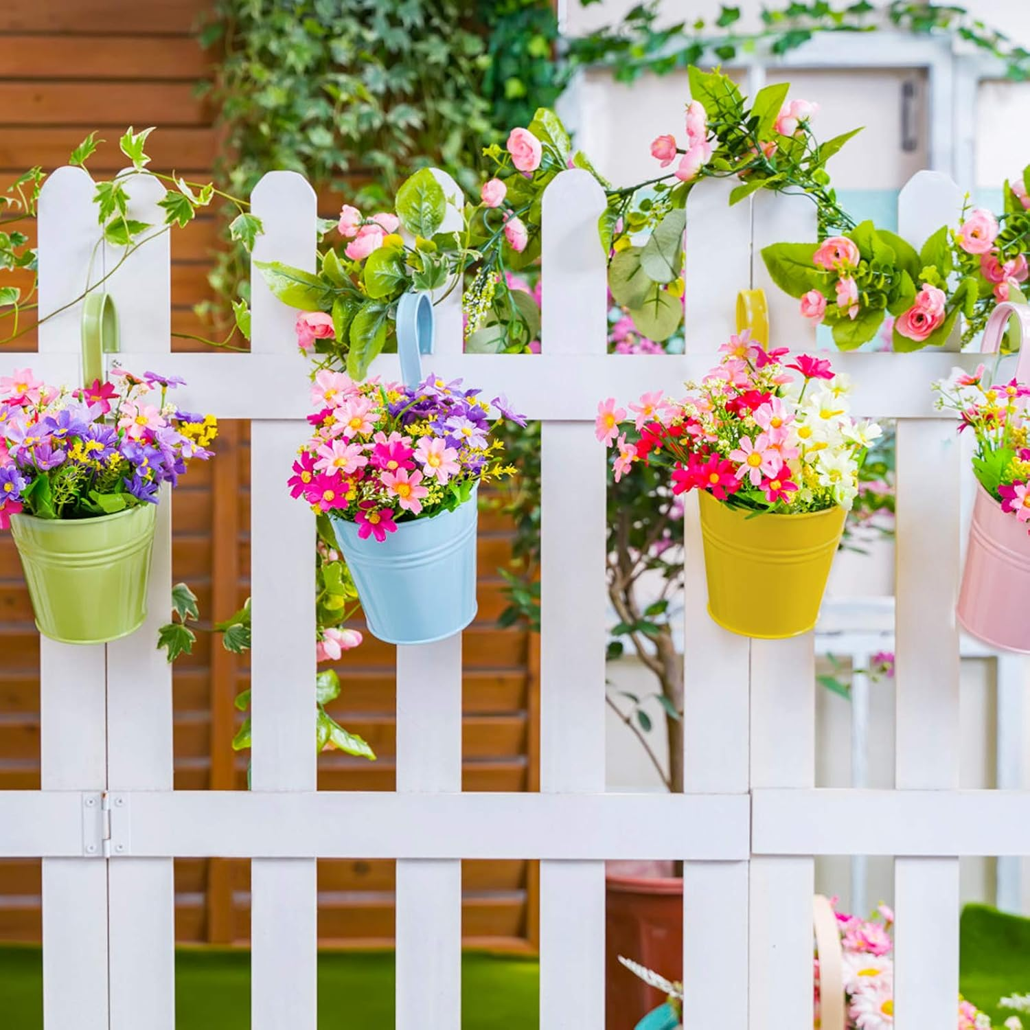 RIOGOO 8Pcs Hanging Flower Pots, Metal Iron Planters - Detachable Hook (Medium, Multicolor)