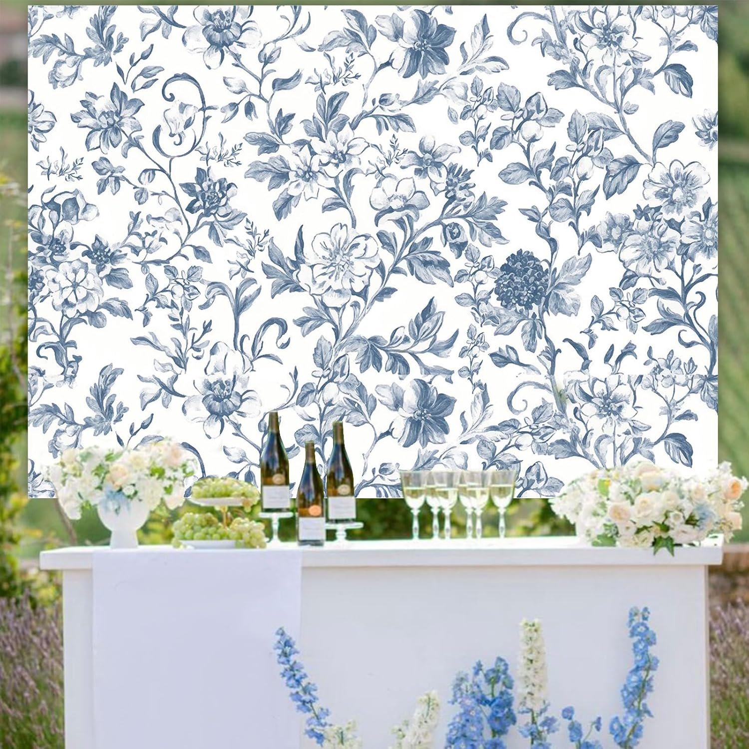 Wonmelody Blue Chinoiserie Party Decorations 7 * 5 Ft Blue Chinoiserie Backdrop Blue Floral Safari Birthday Baby Shower Backdrop Decor for Floral Blue Chinoiserie Birthday Wedding Bridal Shower image number 5