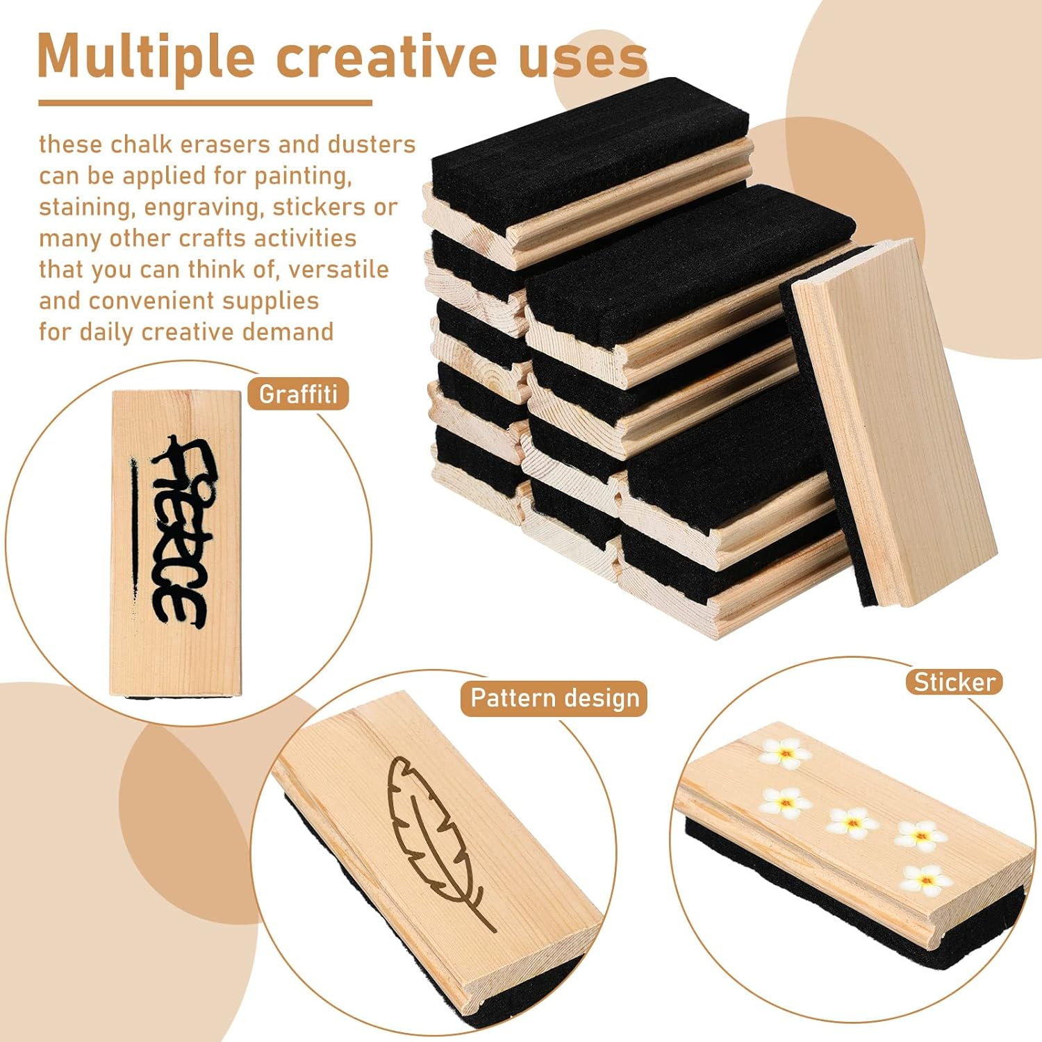 Felt Campus Style Erasers, Cleaner Dusters Felt Chalkboard Eraser for Kids Wood Chalk Eraser for Chalkboard Cleaners Dusters for Markers White Black Boards Paint School Students Teachers (12) image number 3