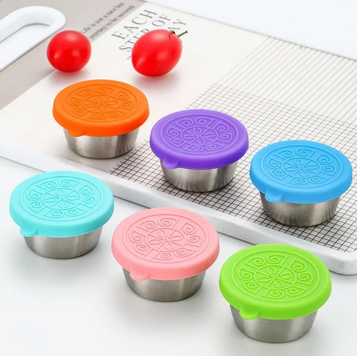 6Pcs/Set SUS304 Stainless Steel Salad Dressing Container with Leakproof Silicone Lids, Small Sauce Cups Condiment Containers for Lunch Bento Box, Picnic and Travel image number 1
