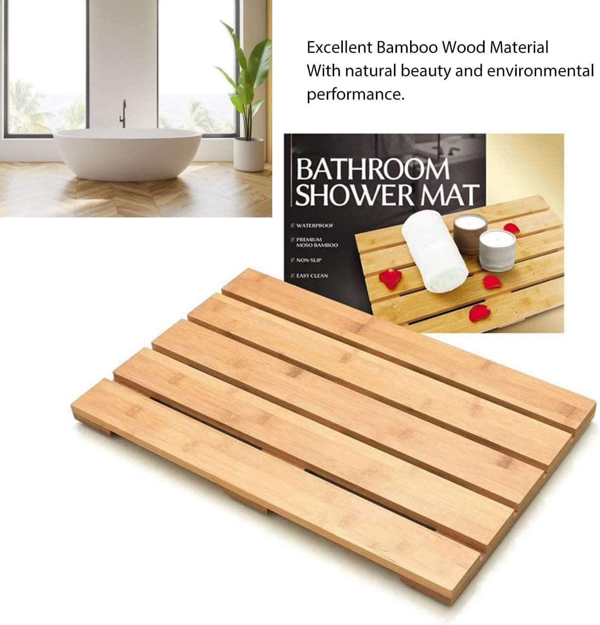 Bamboo Bath Mat Bon Slip, Multifunctional Easy Cleaning Shower Bath Mat, Bathroom Non Slip Mat Weight 1450G, Bamboo Shower Bath Mat, Bamboomat image number 5