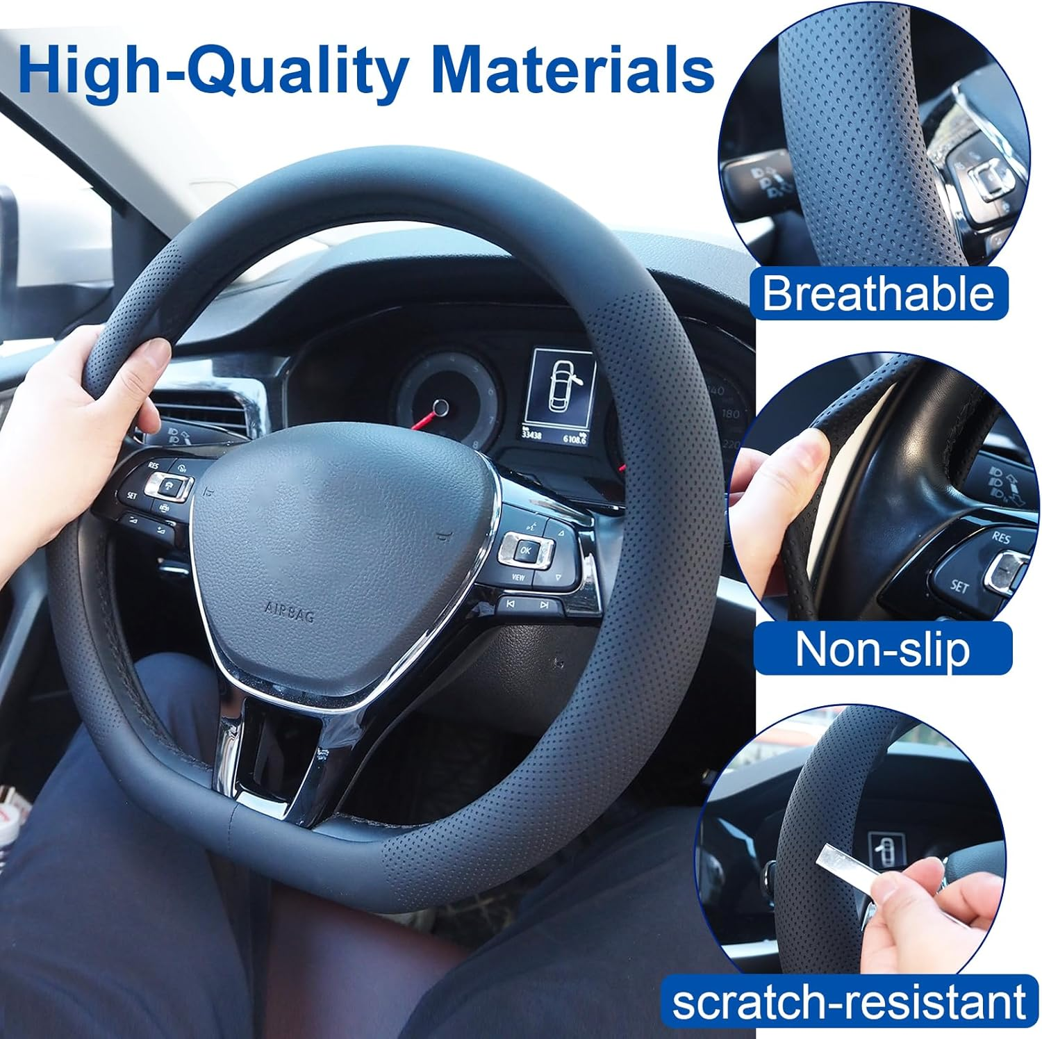 Nappa Leather Car Steering Wheel Cover for 14-15 Inches, Anti-Slip Soft Leather Steering Wheel Cover Full Surround, Universal Breathable O-Shaped, D-Shaped Steering Wheel Protector (Black-D Shaped) image number 2