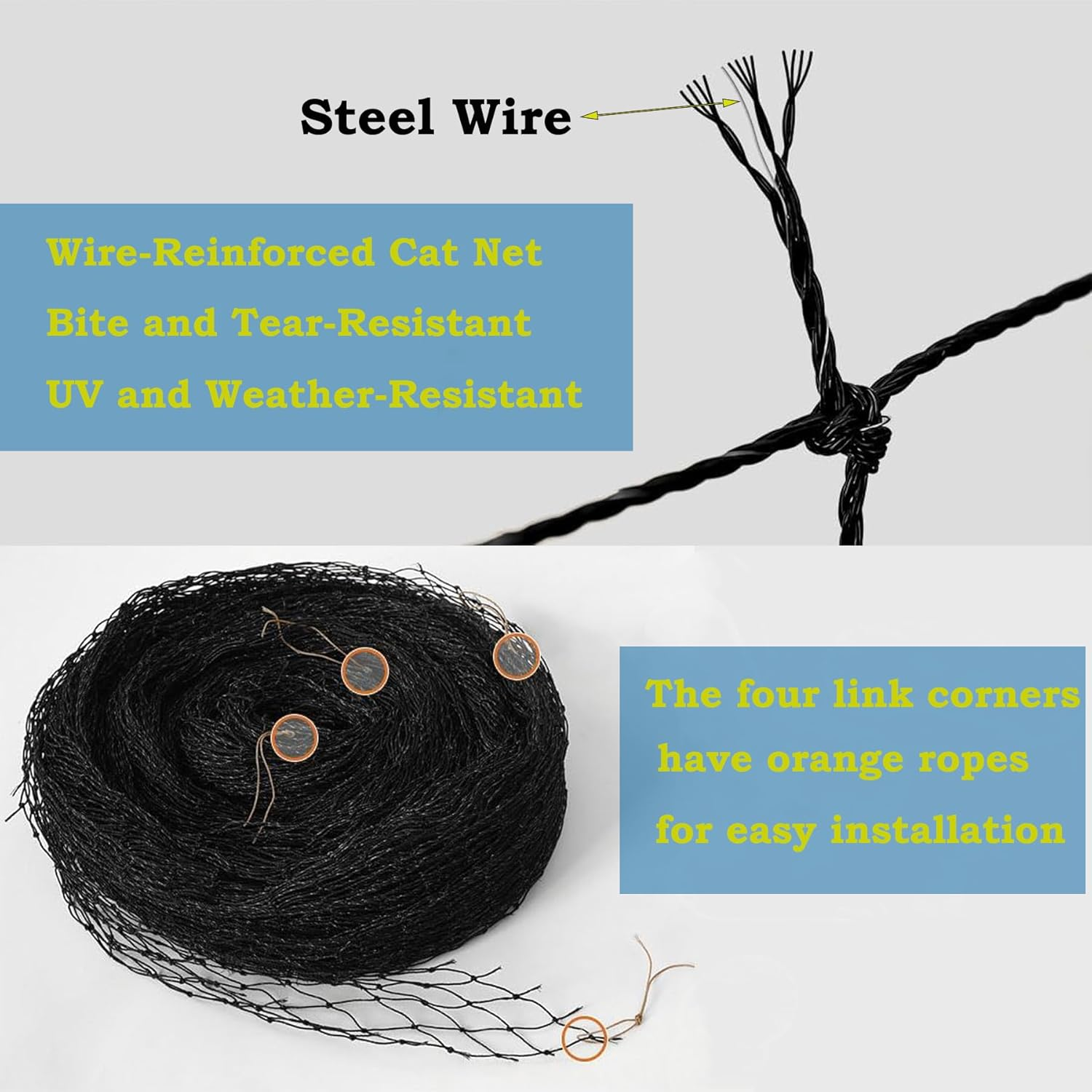 JUMXSRLE Cat Netting Balcony, Wire-Reinforced Cat Net, Bite and Tear-Resistant, UV and Weather-Resistant, Balcony Cat Anti-Fall Netting for Pets, Cat Protection Net for Balcony Windows Patio, 10X13 Ft - 4X3M-Black image number 2