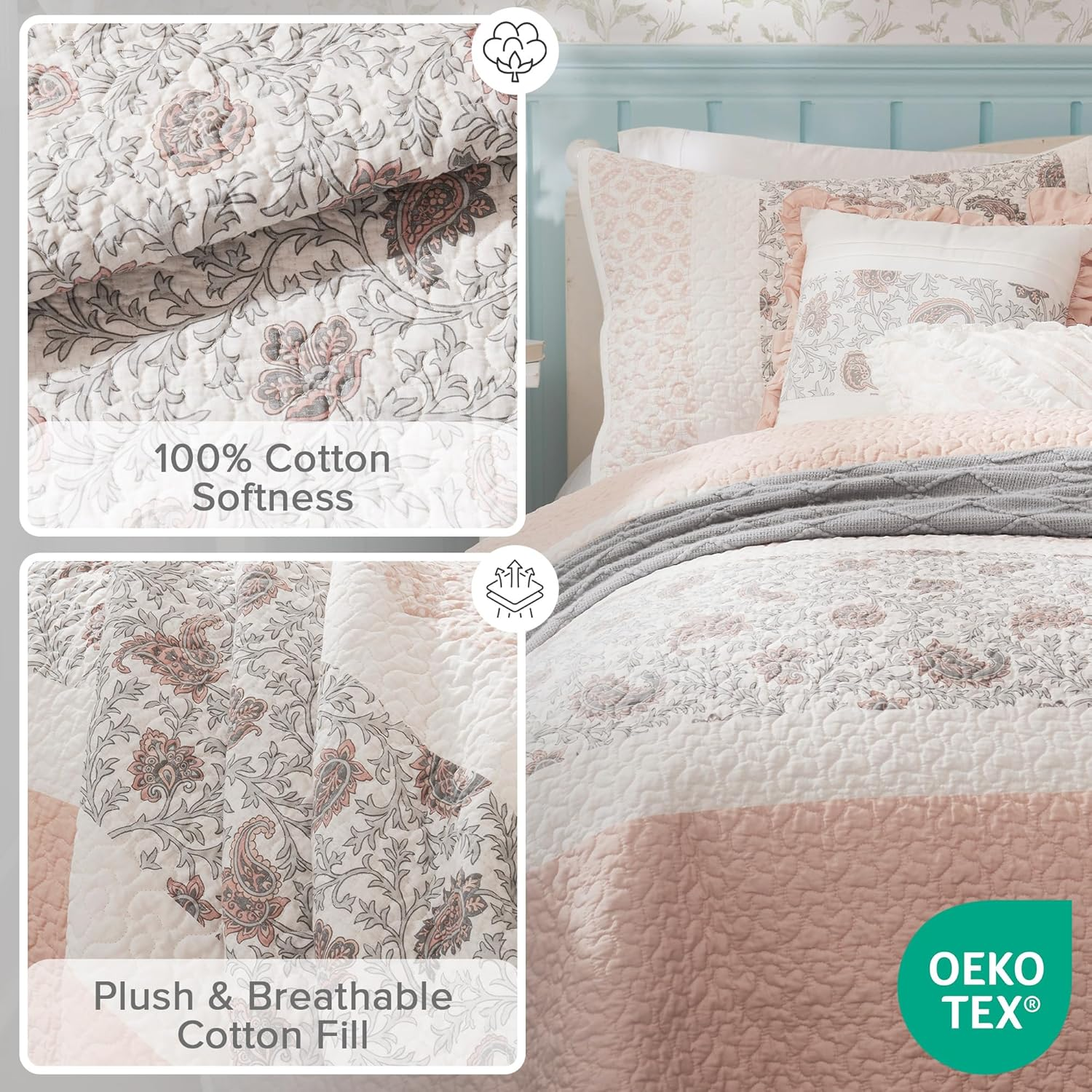 Madison Park Dawn 100% Cotton Quilt Set Floral Print, Double Sided Stitching, All Season, Lightweight Coverlet Bedding Layer, Matching Shams, King/Cal King, Blush 6 Piece image number 4