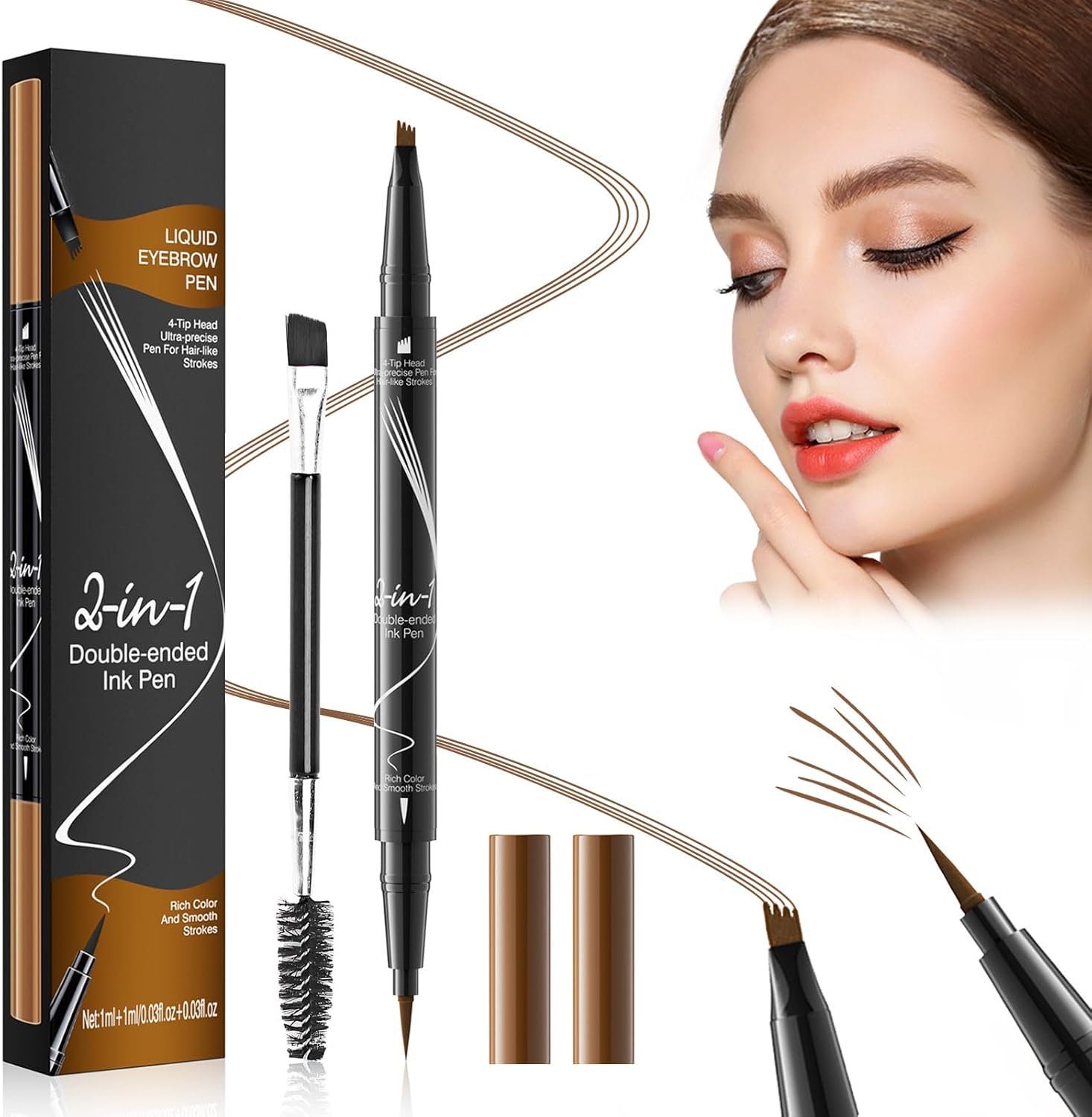 Eyebrow Pencil，Natural Looking Pencil with 4-Fork Tip and Eyeliner Dual Ended 2-In-1 Long Lasting, Waterproof and Smudge Proof (Light Brown) image number 6