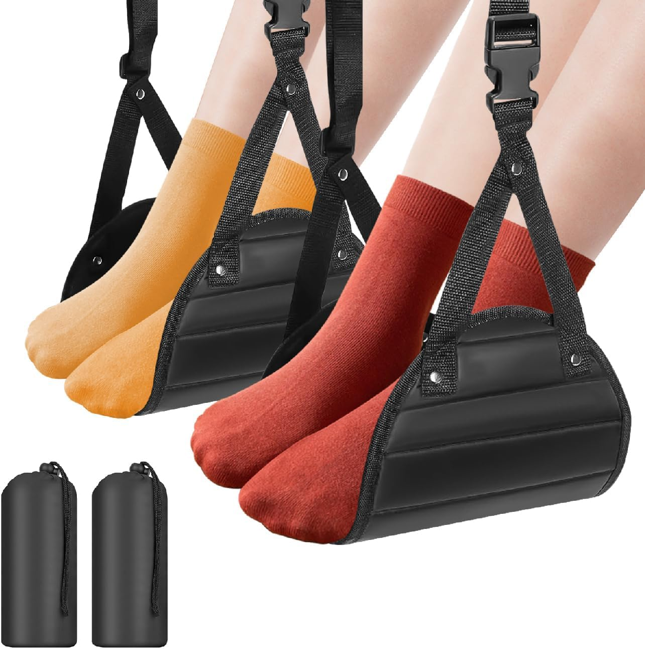 Airplane Foot Hammock (2 Pack), Travel Foot Rest for Airplane with Memory Foam, Adjustable Plane Foot Rest Hammock, Portable Airplane Travel Accessories for Long Flights, Black image number 1