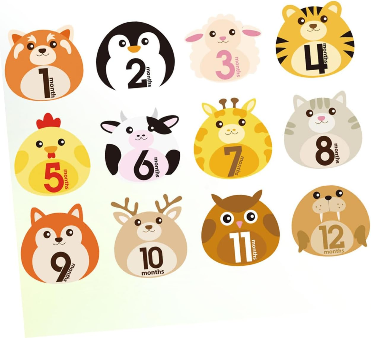 Bestonzon 12 Sheets Monthly Milestone Stickers Self-Adhesive Animal Design Decals for Newborn Belly Photo Props Reusable Growth Tracking image number 6