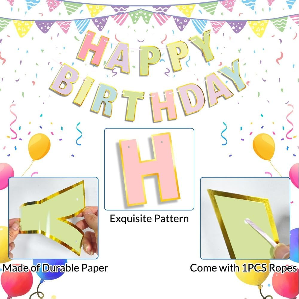 Happy Birthday Banner - 9Ft Pastel Macaron Letter Garland, Pre-Strung No Assembly Party Decor for Women, Men, Adults Celebration, Reusable Wall Hanging Backdrop for Birthday Parties & Special Events image number 4