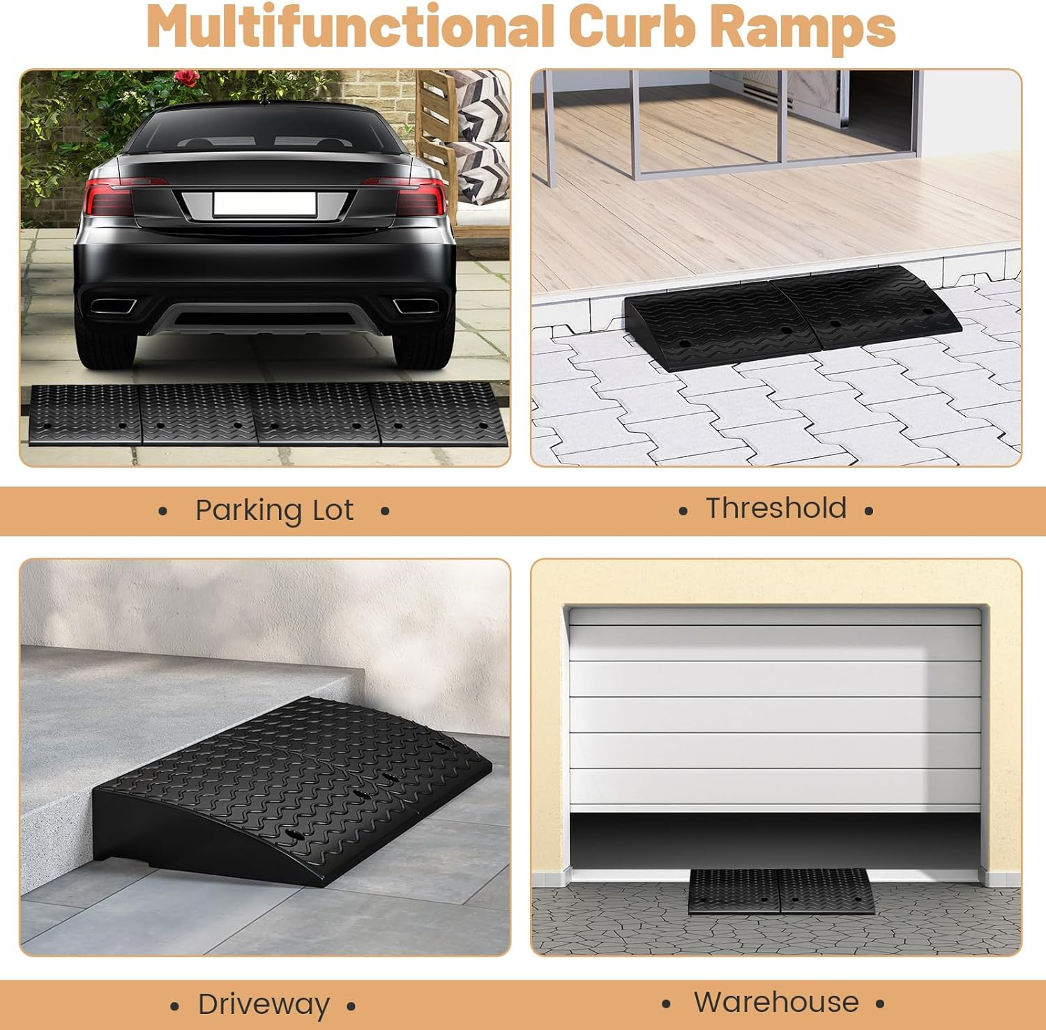 Costway Curb Ramp 2 Pack, 12Cm Raised Height Rubber Threshold Ramps Set W/Predrilled Holes & 4 Expansion Bolts, 3T Max Load, Anti-Slip Driveway Ramps for Car, Motorcycle, Wheelchairs, Scooters image number 6