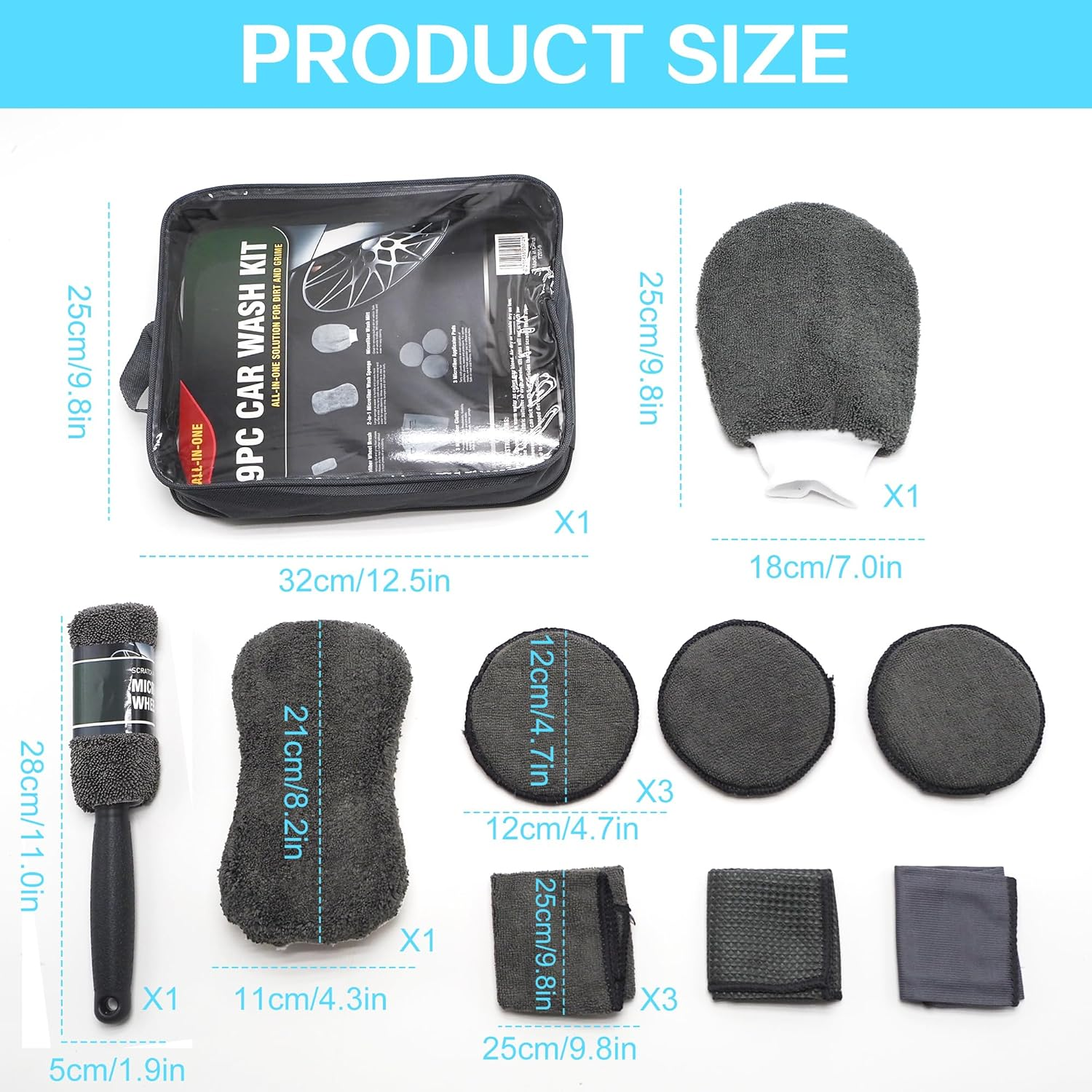 Car Wash Kit, 9Pcs Car Detailing Towel Set with Storage Bag, Auto Cleaning Tools, Microfiber Mitts Drying Towel Waffle Cloths Wheel Brush Waxing Sponge for Interior, Exterior Cleaning (Grey) image number 4