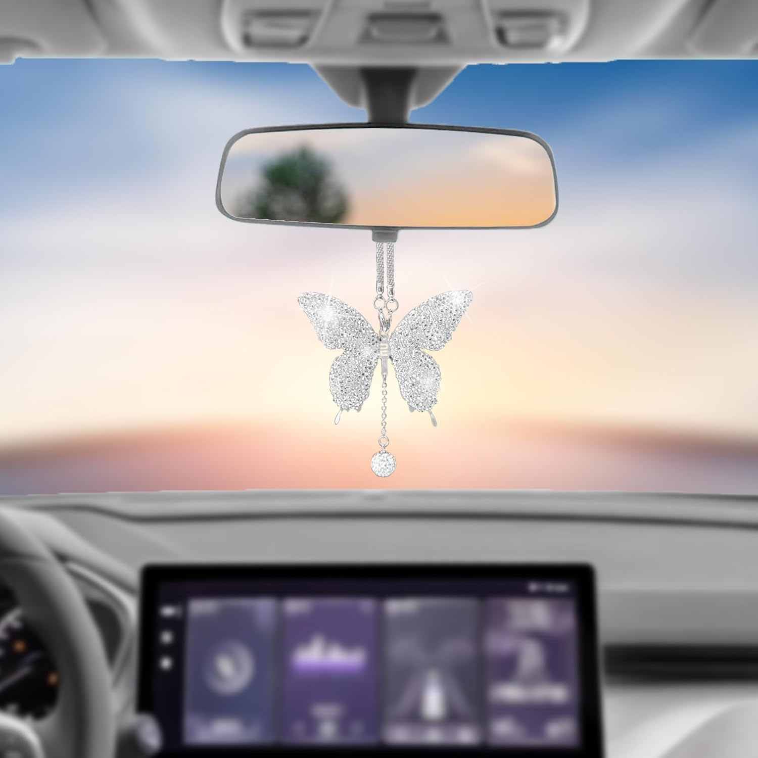 NOTISH Bling Butterfly Diamond Car Accessories, Crystal Car Rear View Mirror Charms, Charms Good Luck Gifts Amulet Ornament Hanging Interio Car Decoration for Women Interior(White) - Red image number 3