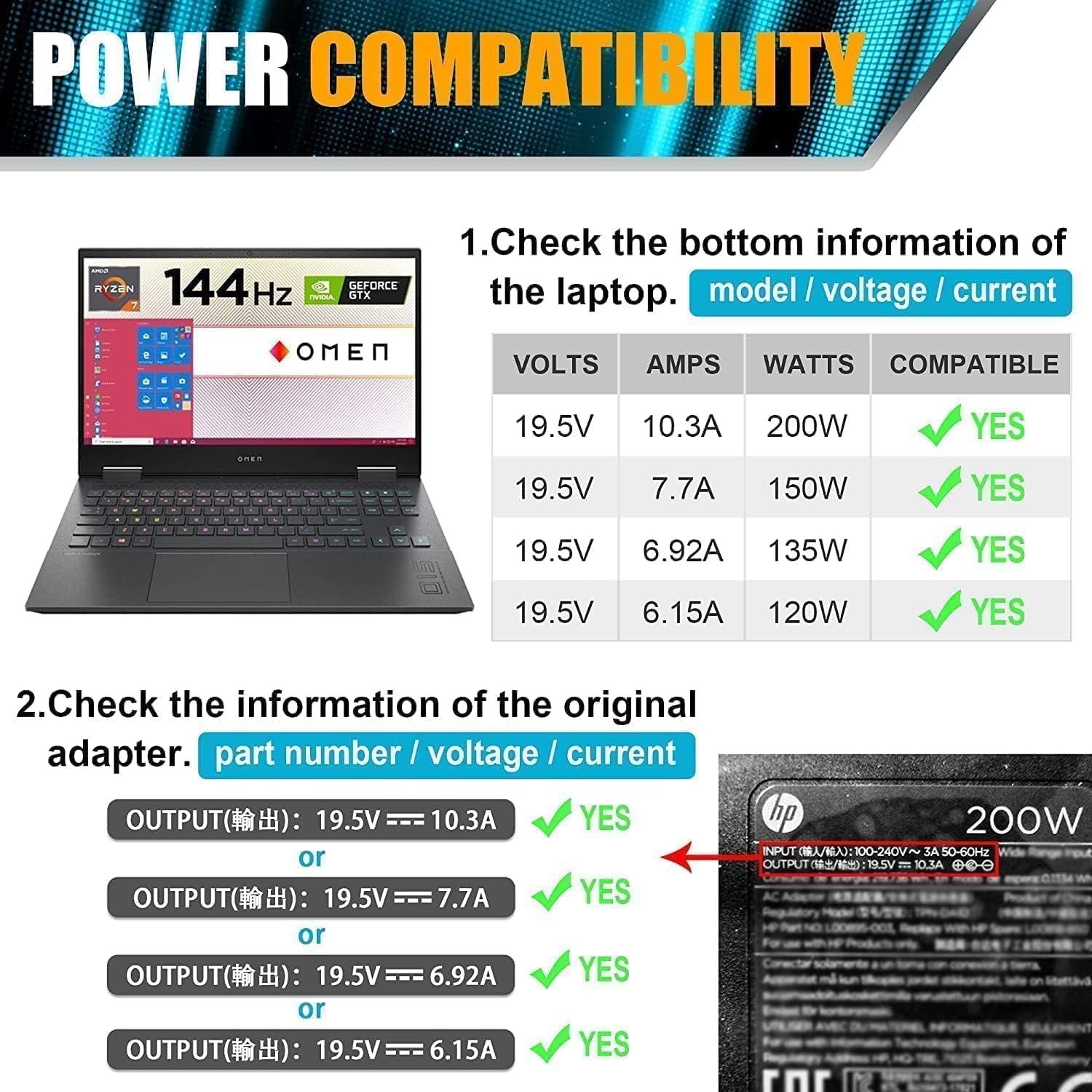 200W Laptop Charger AC Adapter 19.5V 10.3A for HP Pavilion Gaming 15 16 17, HP Dock G5 Omen 15 17, HP Zbook G3 G4 G5 G6 G7 G8 15 15T 17 17T,Tpn-Ca03 TPN-DA10 ADP-200HB B Notebook Power Supply Cord image number 1