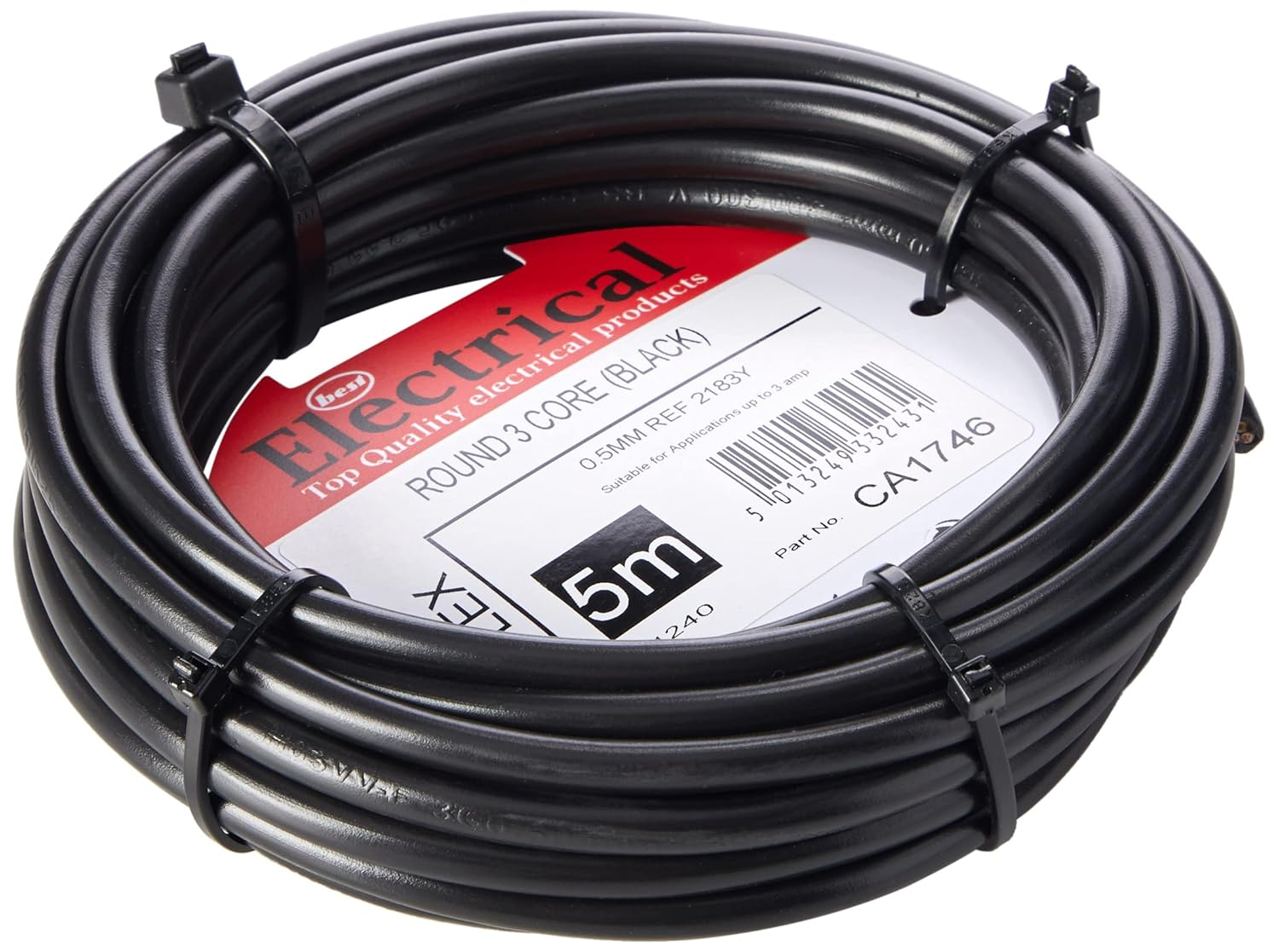 Bulk Hardware BH01494 0.5Mm 3 Core Cable 2183Y, 5 Metres, Black, White, 5 Metres image number 2