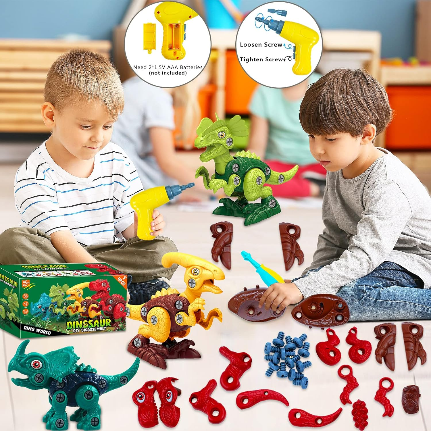 4 Pack Dinosaur Toys for Kids, Take Apart Dinosaur Toy with Electric Drill & 4 Hand Drill Tool, Building STEM Toy Christmas Birthday Gift Learning Construction Toys for 3 4 5 6 7 8 Year Old Boy Girl image number 1