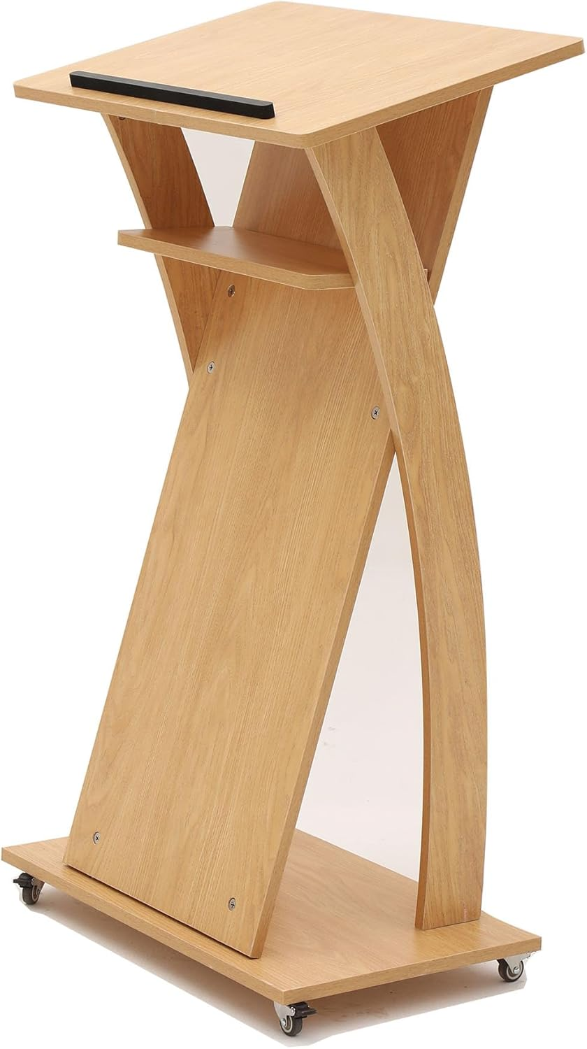 Xibolai Wooden Podium Stand Wheeled Lectern Oak Color 16MM Wood Board Elegant Design with Storage Wooden Pulpit for Restaurants Churches Seminars and Schools image number 1