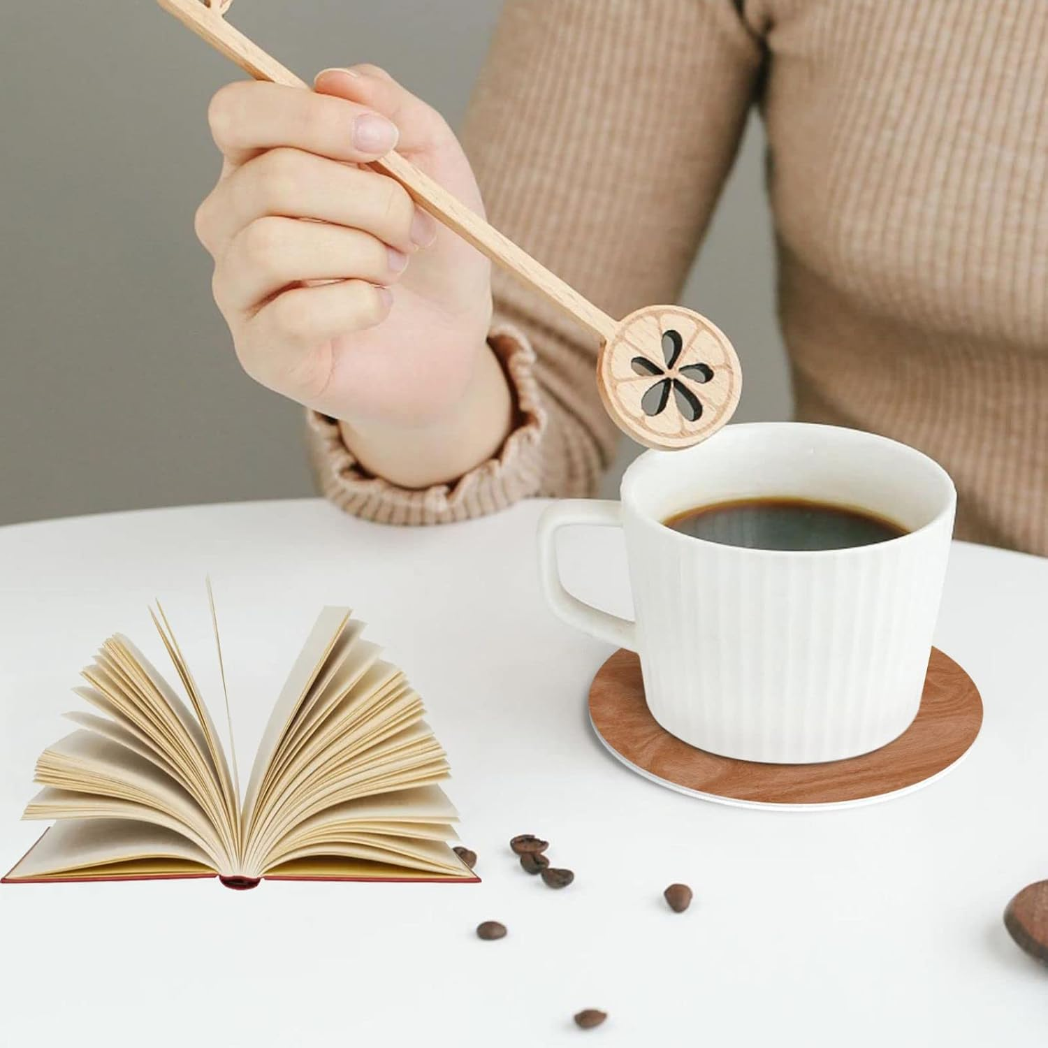 Coasters for Drinks Set of 6, Wooden Texture Drink Coasters for Coffee Table, Cute Farmhouse Leather Coaster for Cup Kitchen Bar Home Decor Housewarming Gift