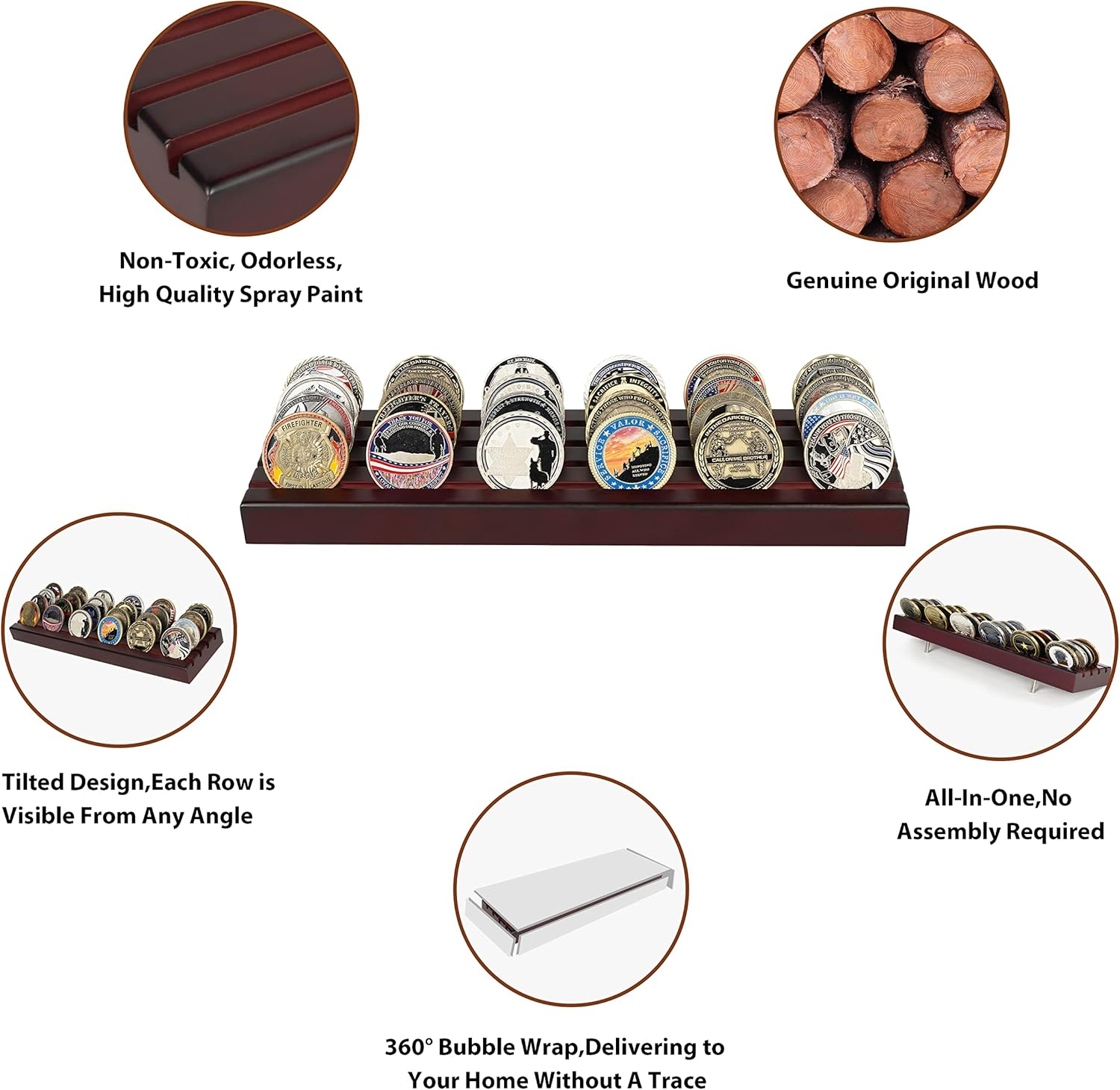 Challenge Coin Display Stand 4 Rows Wooden Military Coin Holder Rack Case Holds 30 Coins, Mahogany Finish image number 5