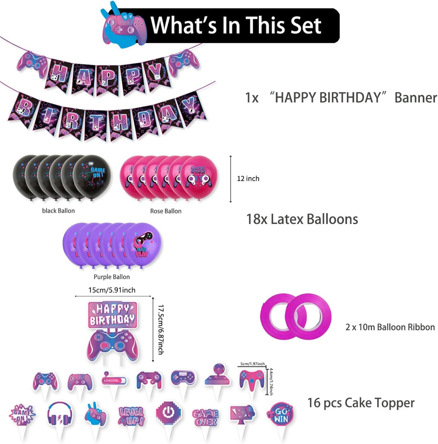 Video Game Birthday Party Decorations Game on Party Supplies Gaming Birthday Decoration Including Happy Birthdays Banner, Latex Balloons and Cake Decorations image number 4