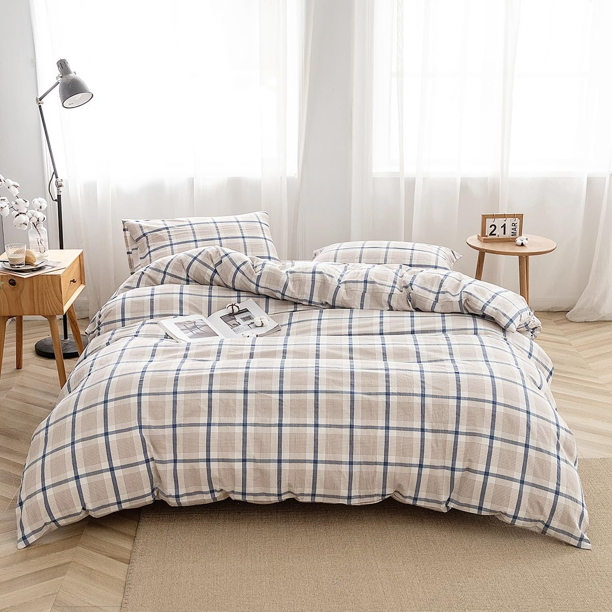 FACE TWO FACE 3-Piece Duvet Cover Set,100% Washed Cotton Duvet Cover,Ultra Soft and Easy Care,Simple Style Bedding Set (Queen, White)