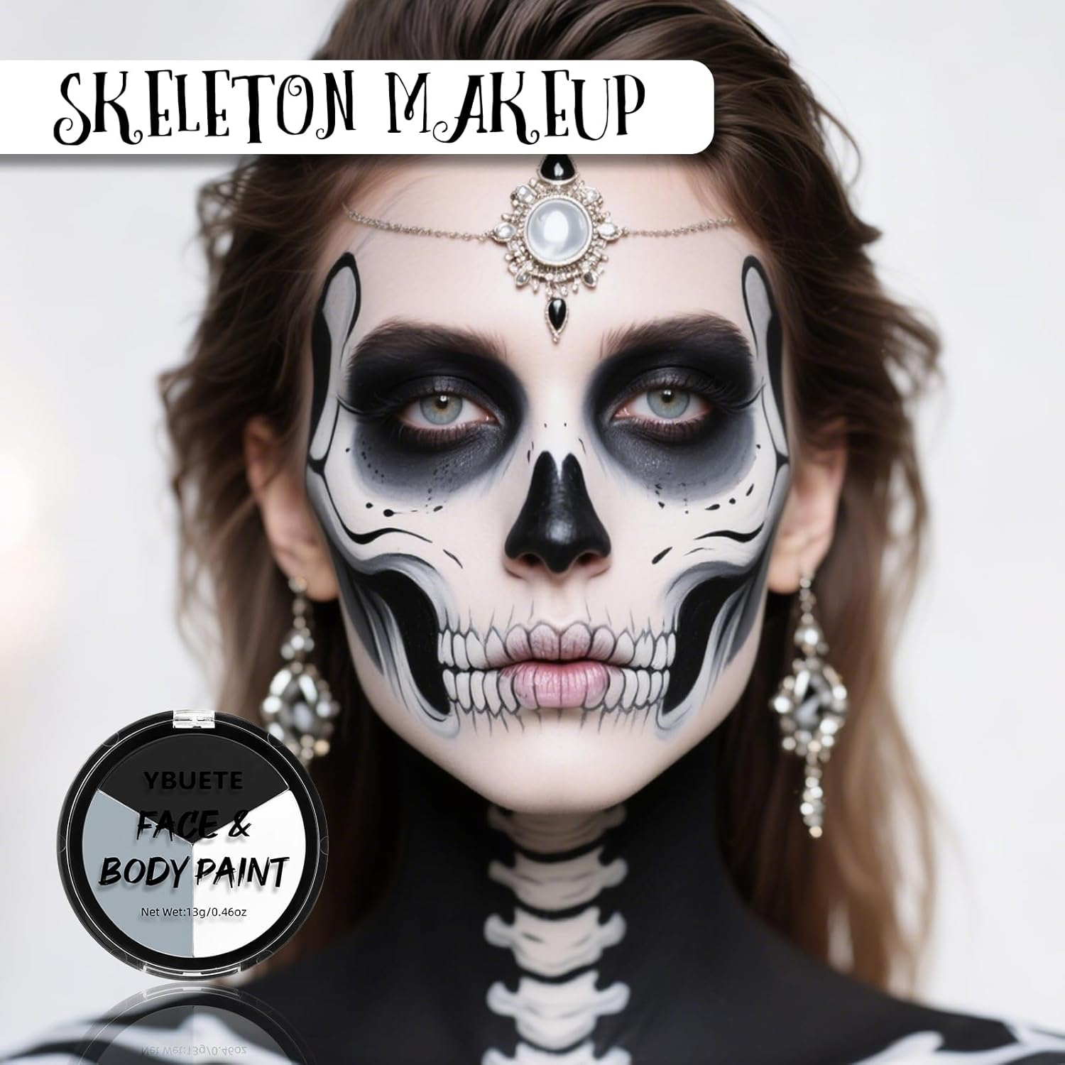YBUETE Gray Black White Body Paint Palette, Oil-Based Waterproof Face Painting Cream for Halloween Cosplay SFX Makeup Skeleton Ghost & Mime Looks, Non-Toxic Face Paint for Adult Cosplay Stage Shows - Black+Red+White image number 7