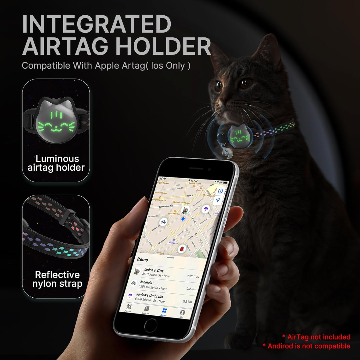 Waterproof Airtag Cat Collar, Breakaway Cat Airtag Collar with Luminous & Reflective Fish Pattern, Lightweight Kitten Collars for Apple Air Tag, Hidden GPS Tracker Holder for Cats, Kittens(9-13") image number 3