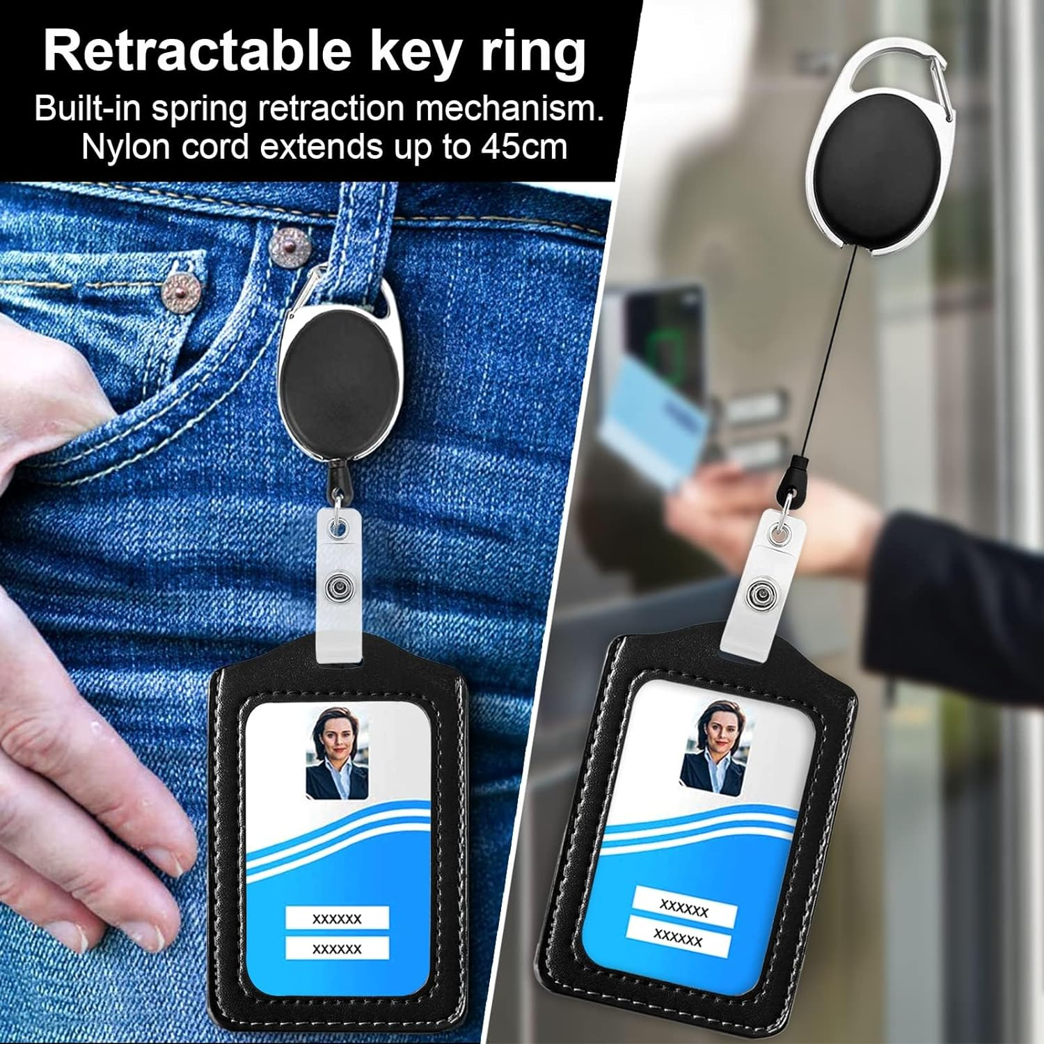 Badge Holder, 4 Pcs Leather ID Card Holder, Clear ID Window Card Holder for School Office (Black, Brown) image number 2