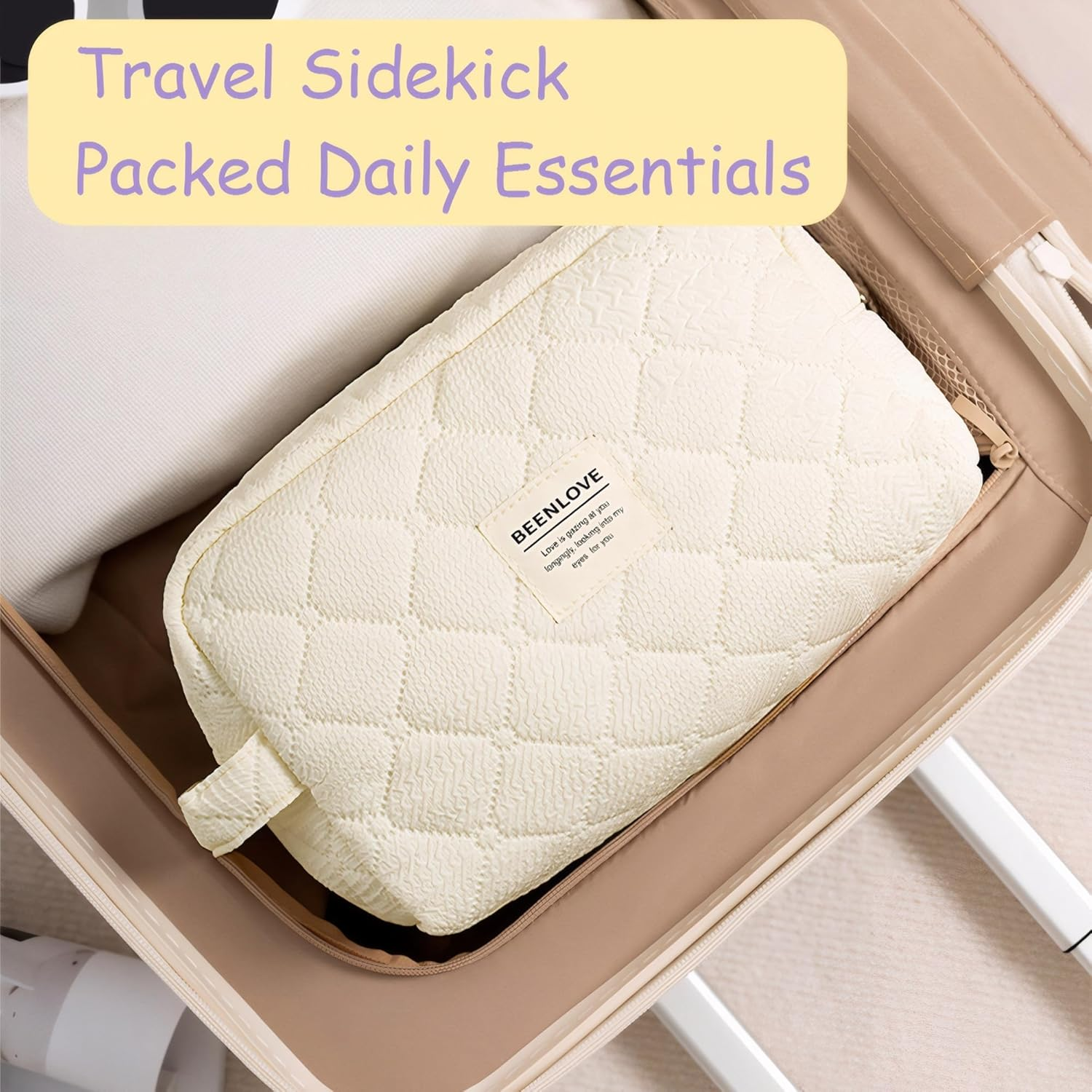 Quilted Cotton Makeup Bag Travel, Portable Toiletry Cosmetic Pouch Organiser (Off White) image number 1