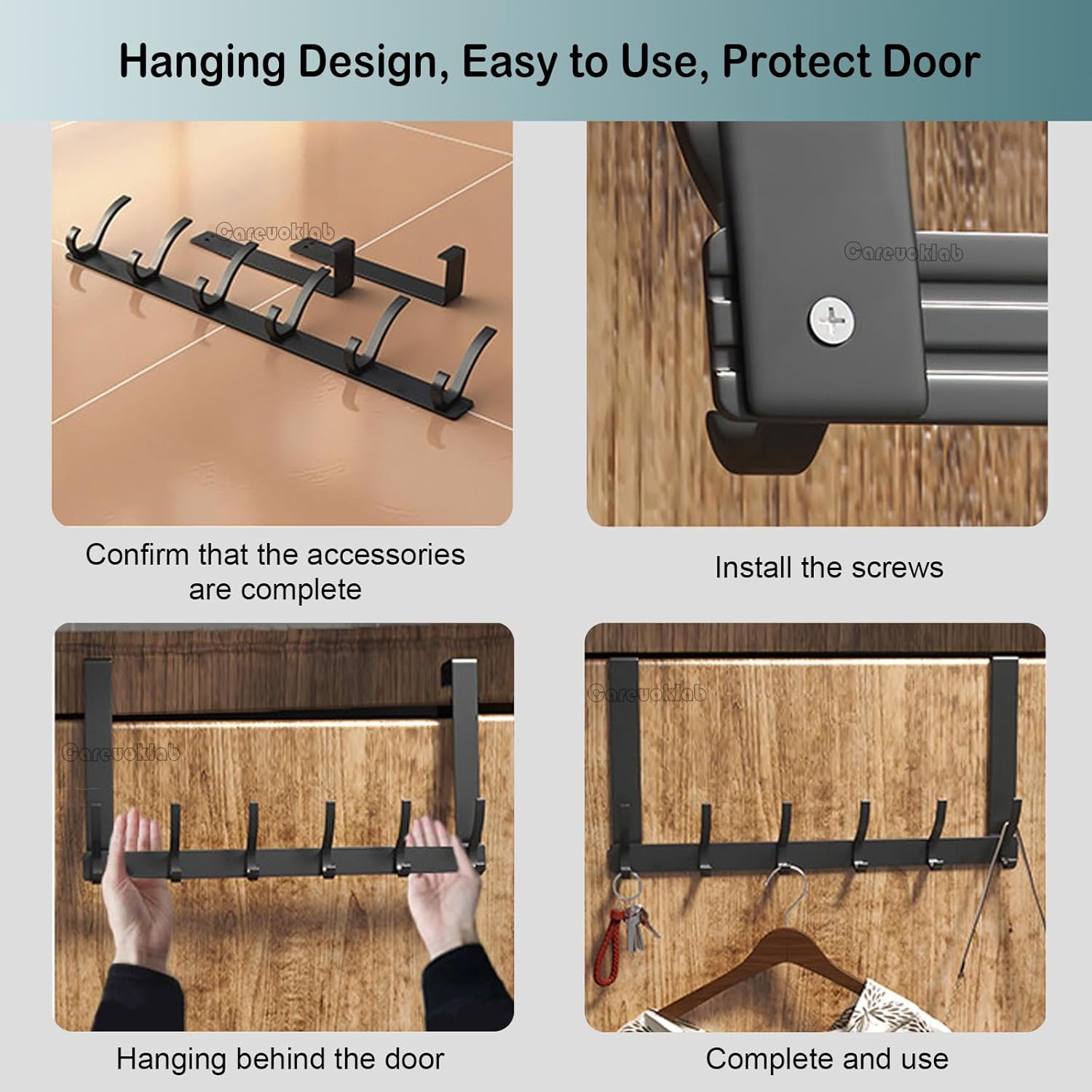 Careuoklab 2 Pack over the Door Hooks Hanger, Coat Rack for Hanging Clothes Hats Bags Towels Umbrellas Keys of Bedroom Bathroom Kitchen(Black 6 Hooks) image number 1