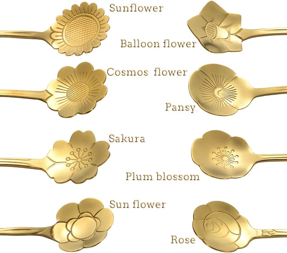 Ansaw 8 Pcs Flower Spoon Set, Stainless Steel Reusable Tea Scoops for Stirring, Coffee, Mixing, Sugar, Dessert, Cake, Ice Cream - Tableware for Tea Parties (Length: 4.9 Inch, Gold) image number 4